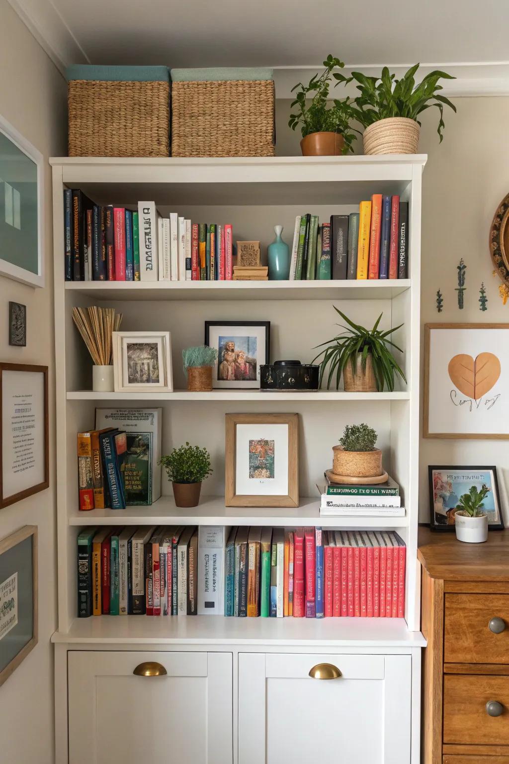 Artistically styled bookshelves become personal focal points.