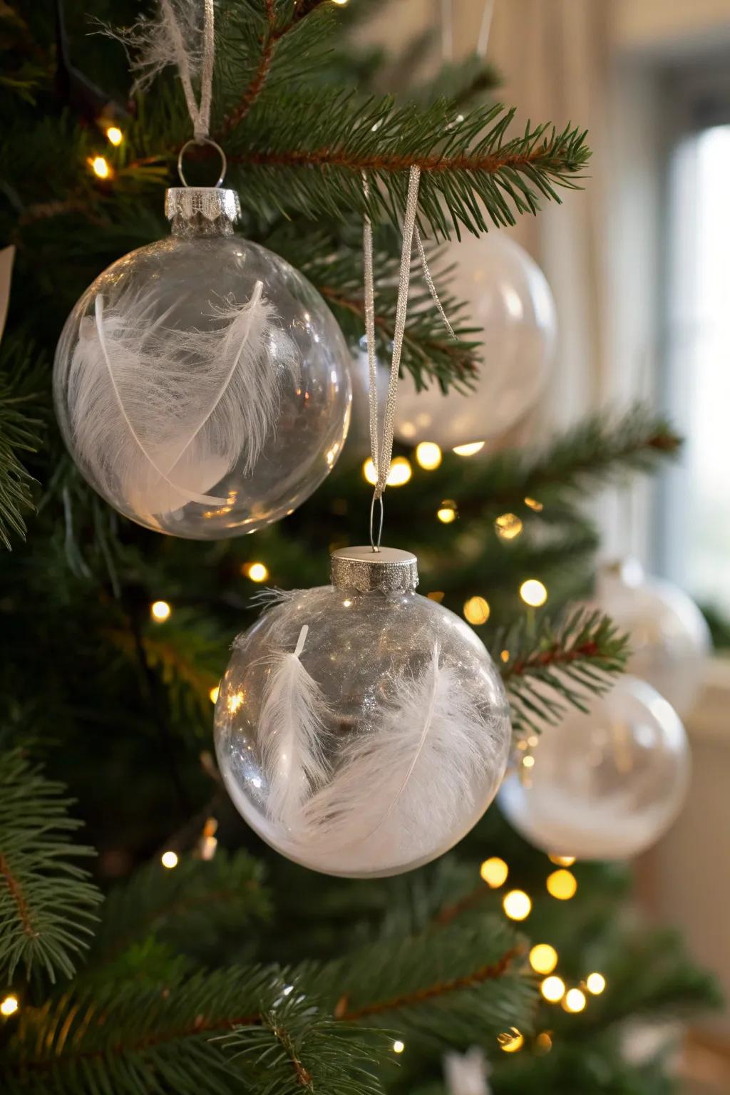 Ethereal feathered baubles adding an airy elegance to the holiday decor.