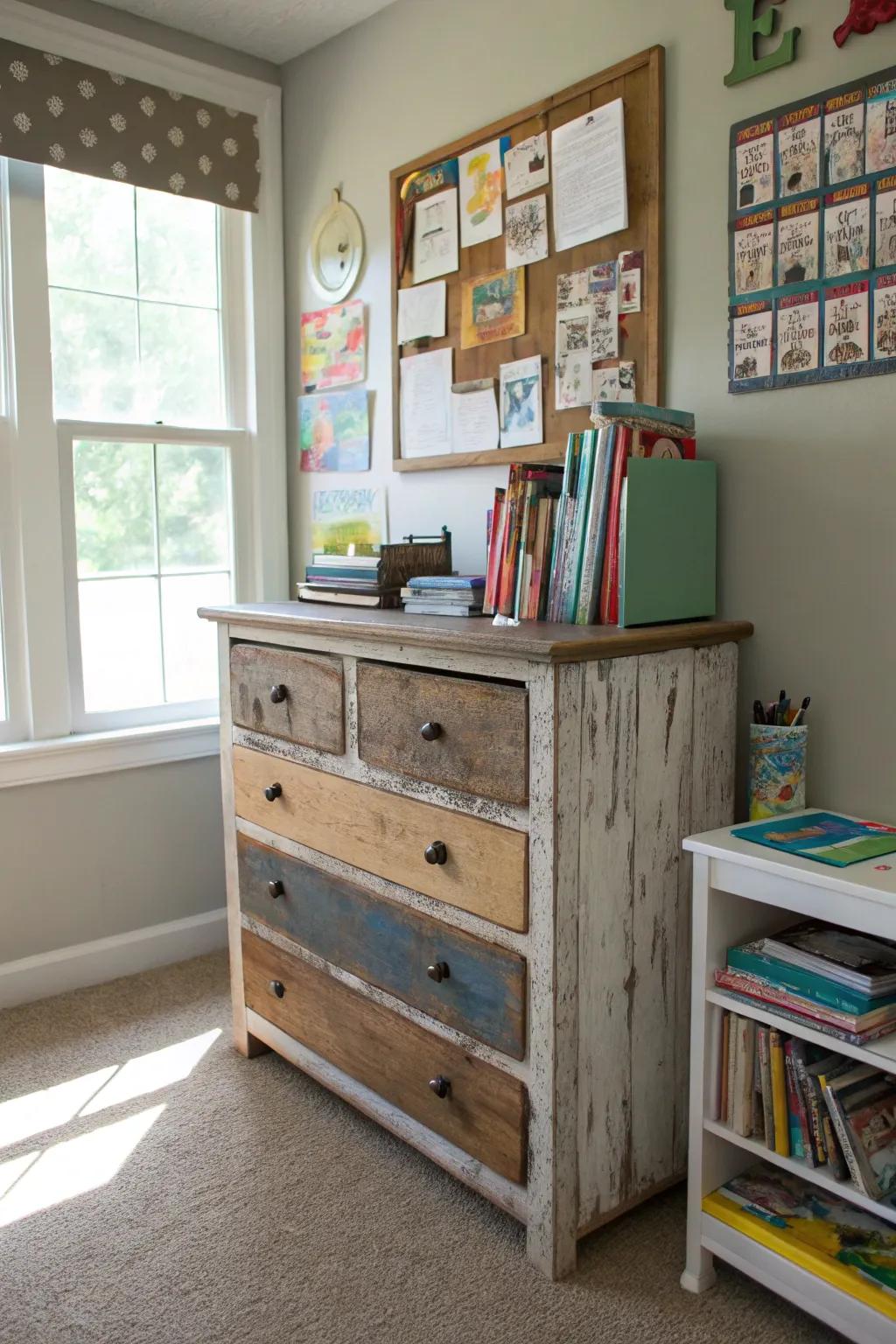 Revamped furniture offers storage and adds style to the room.