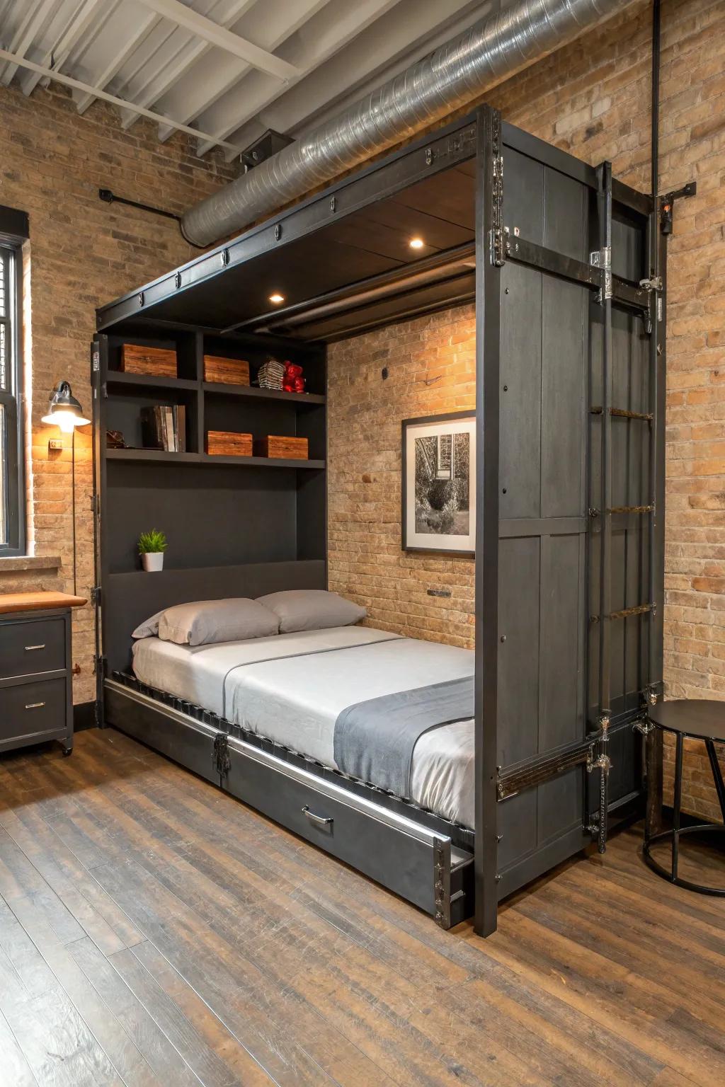 An industrial-themed room having a hideaway bed, adding an edgy and bold character.