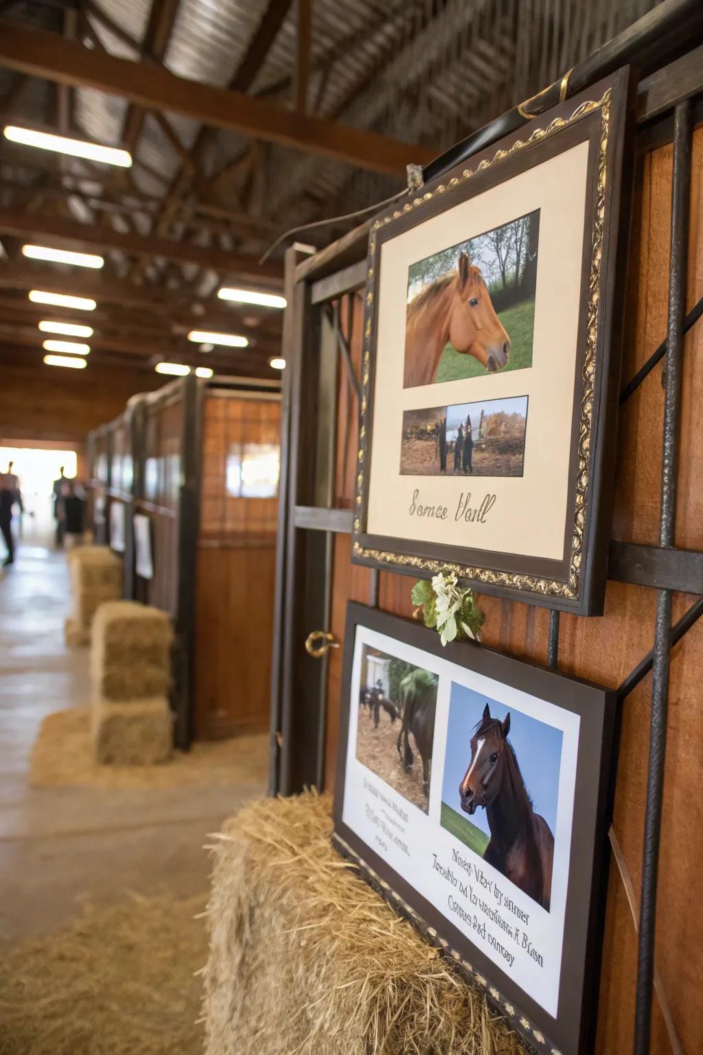 A stall marker featuring personalized photographs of an equine.