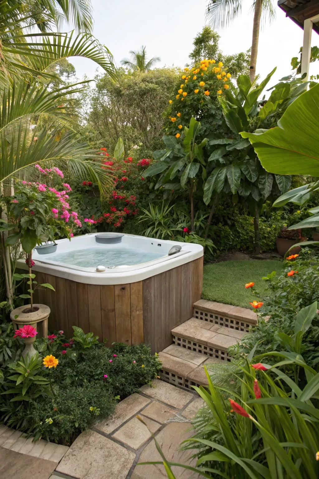 Abundant tropical plantings fashion a vacation-reminiscent getaway around the <strong><em>hot tub</em></strong>.” loading=”lazy” class=”pimg”>
	</picture><figcaption>Abundant tropical plantings fashion a vacation-reminiscent getaway around the <strong><em>hot tub</em></strong>.</figcaption></figure>
<p>Fashion a tropical haven with exotic flora and vibrant blossoms encircling your <strong><em>hot tub</em></strong>. It’s a personal preference of mine for converting the space into a vacation-reminiscent getaway.</p>
<h3>Try these:</h3>
<ul class=