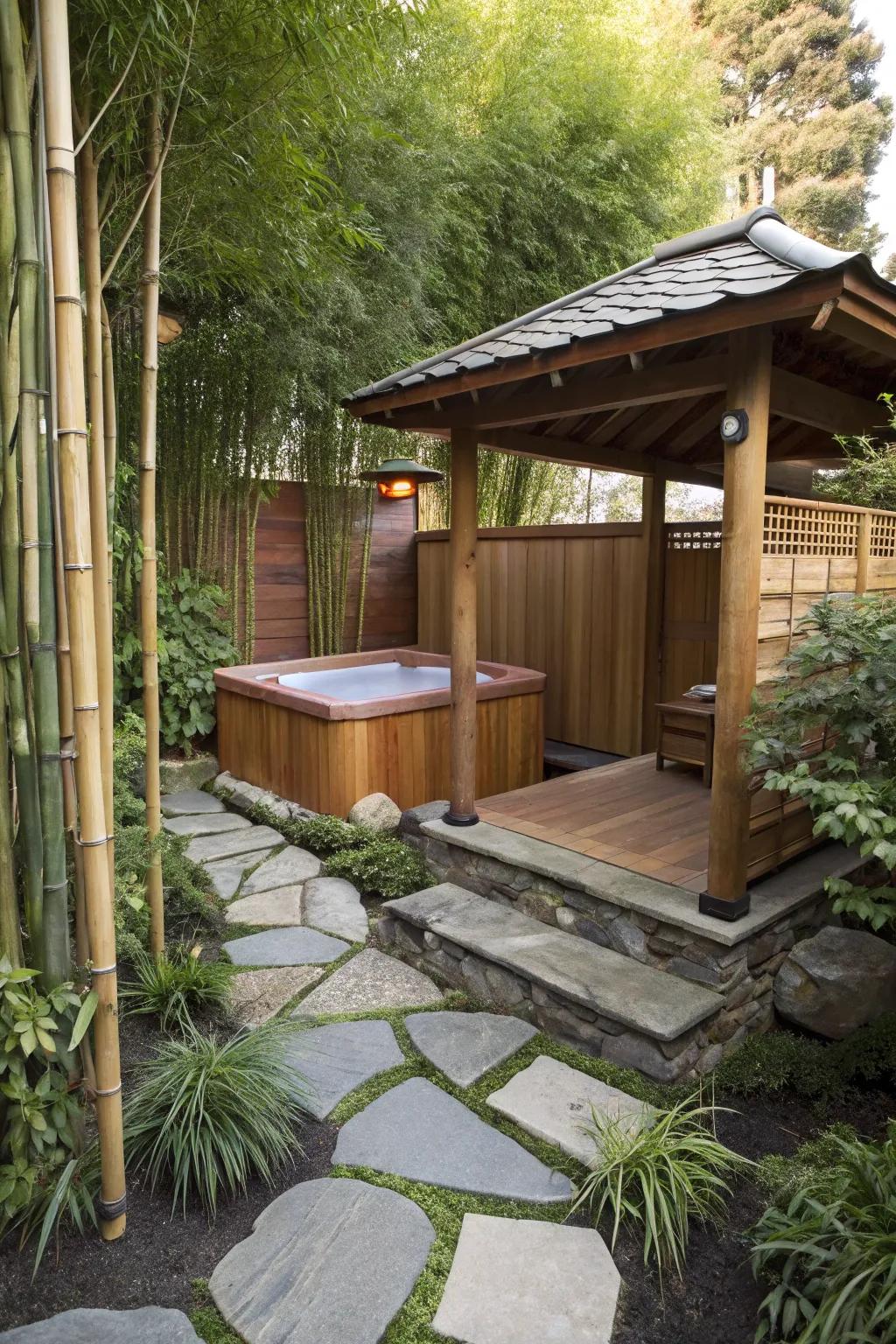 Discover peace with a Japanese Peaceful garden-inspired hot tub enclosure.