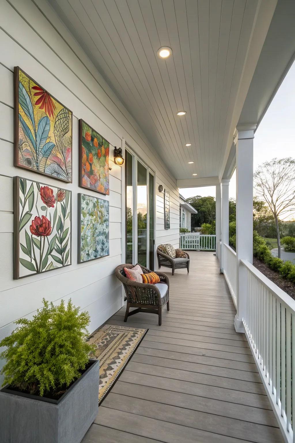 Personalized art infuses character into this modern porch.