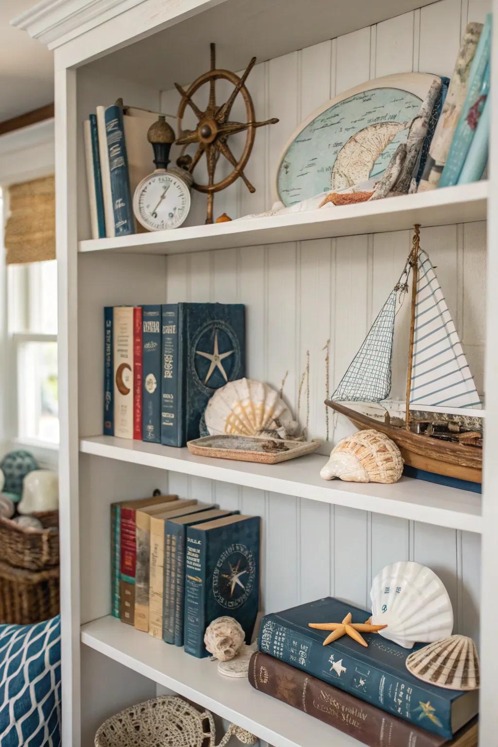 Bookshelf with a nautical motif.