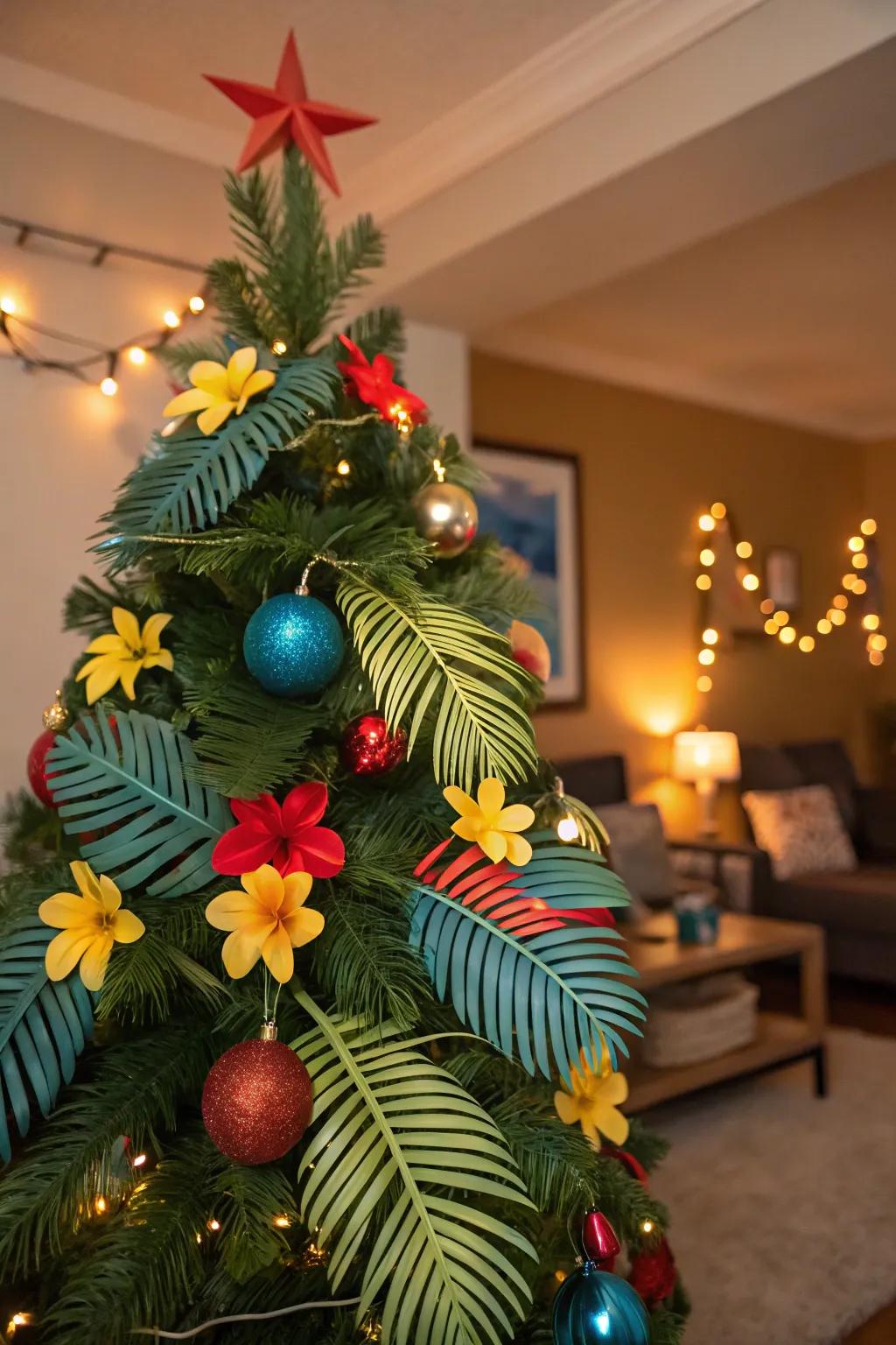An exotic-themed holiday tree showcasing vibrant accessories and palm accents.