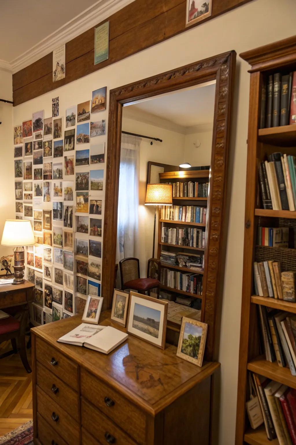 Personal mementos all around a mirror fashion a meaningful centerpiece.