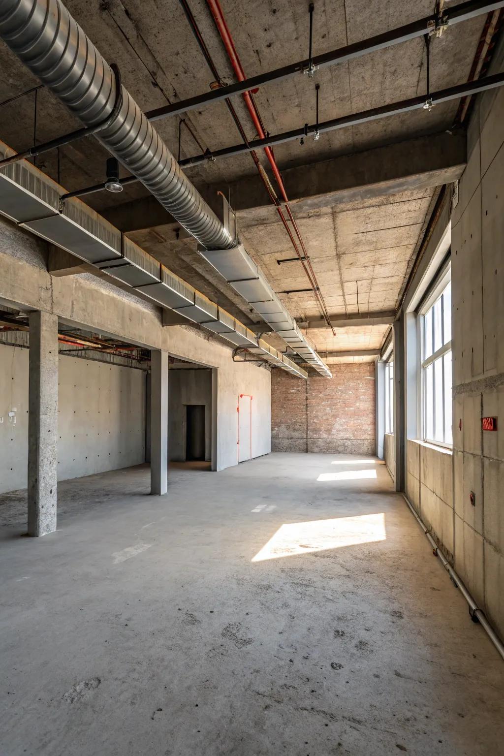 An industrial-style room featuring uncovered pipelines on the roof.