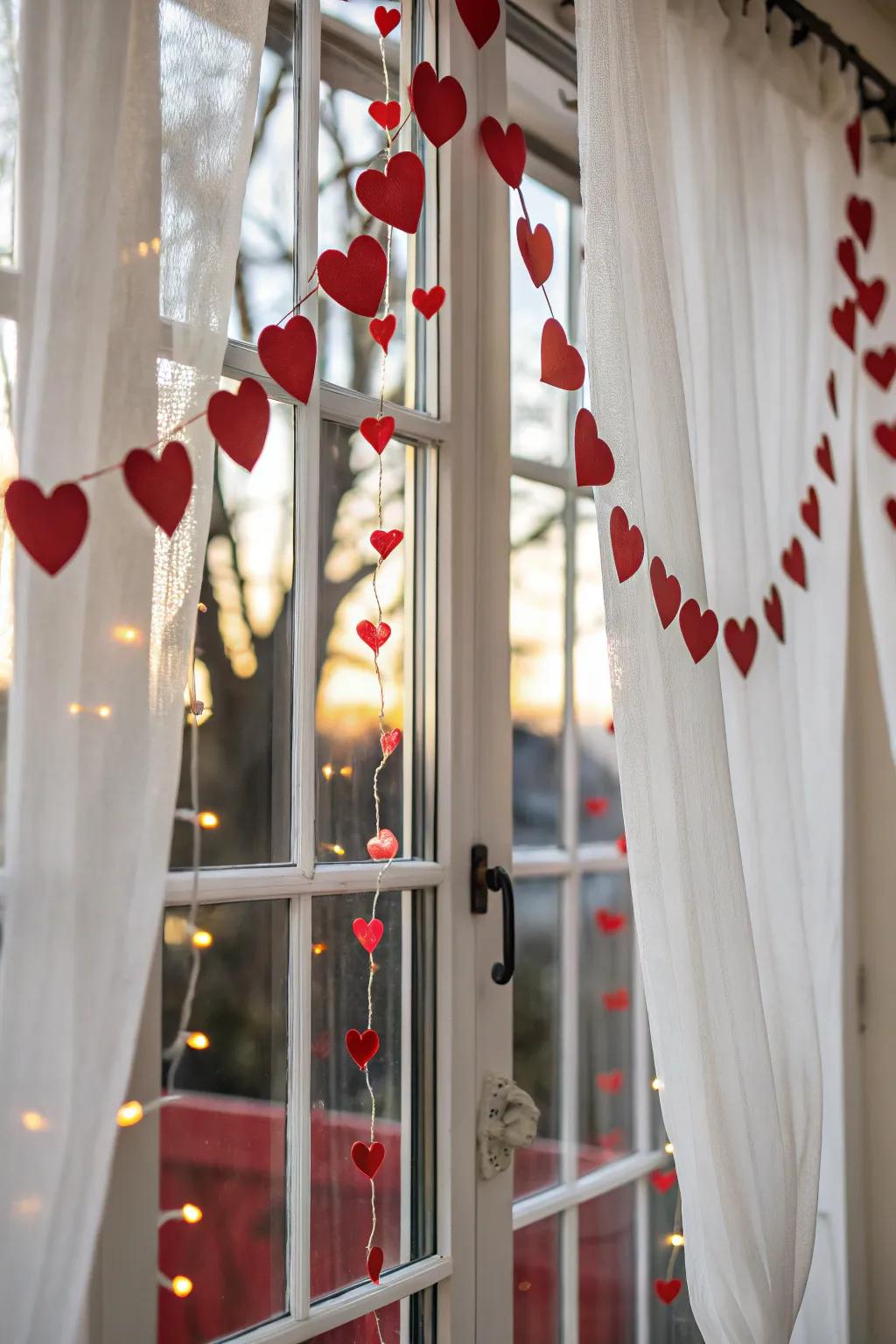 Heart decorations enhance windows.