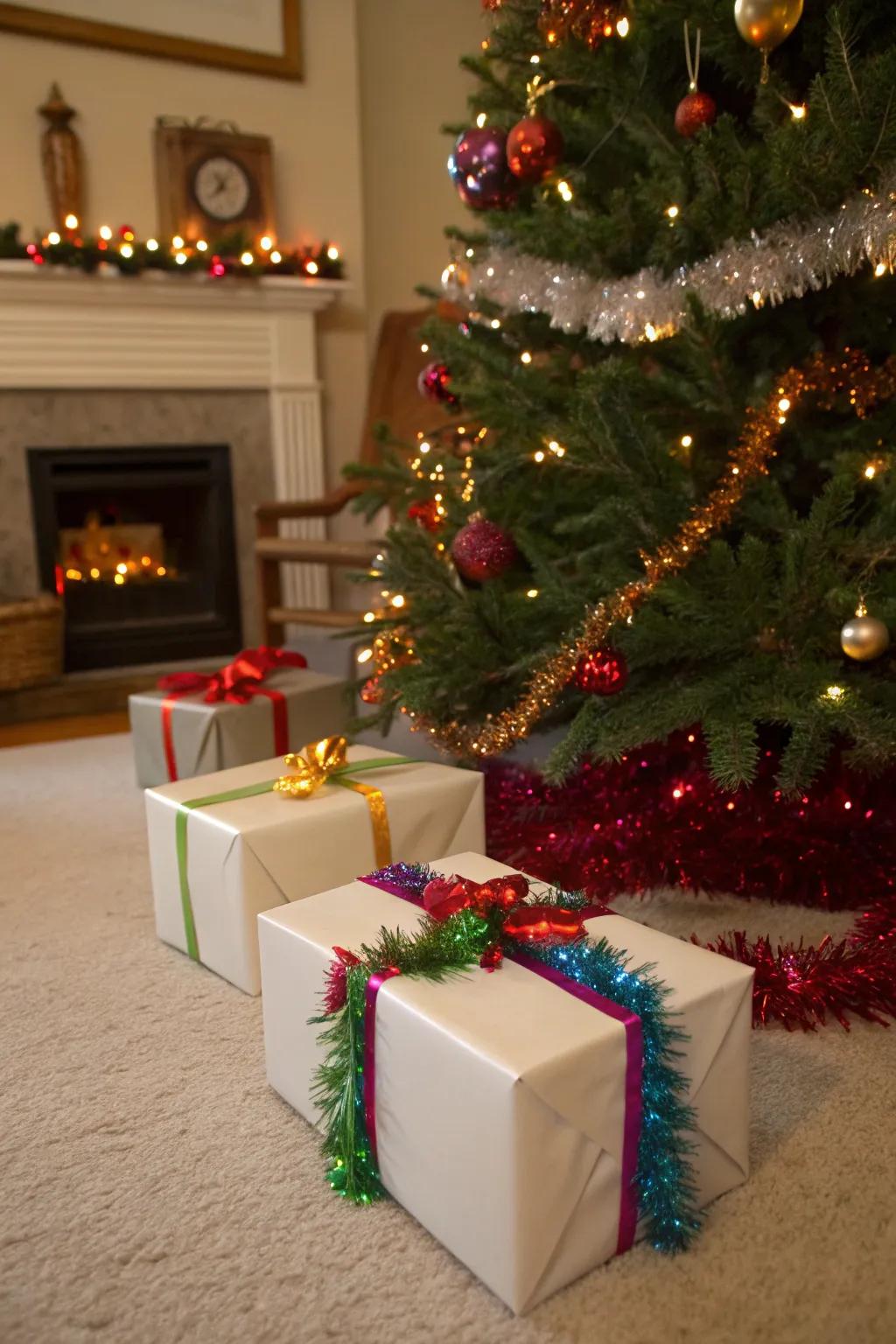 Gifts enfolded with shimmer strands for a celebratory nuance.