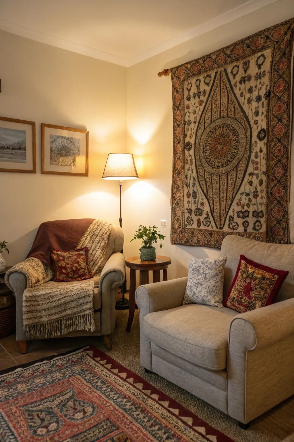 Textiles can transfigure corners into welcoming alcoves.