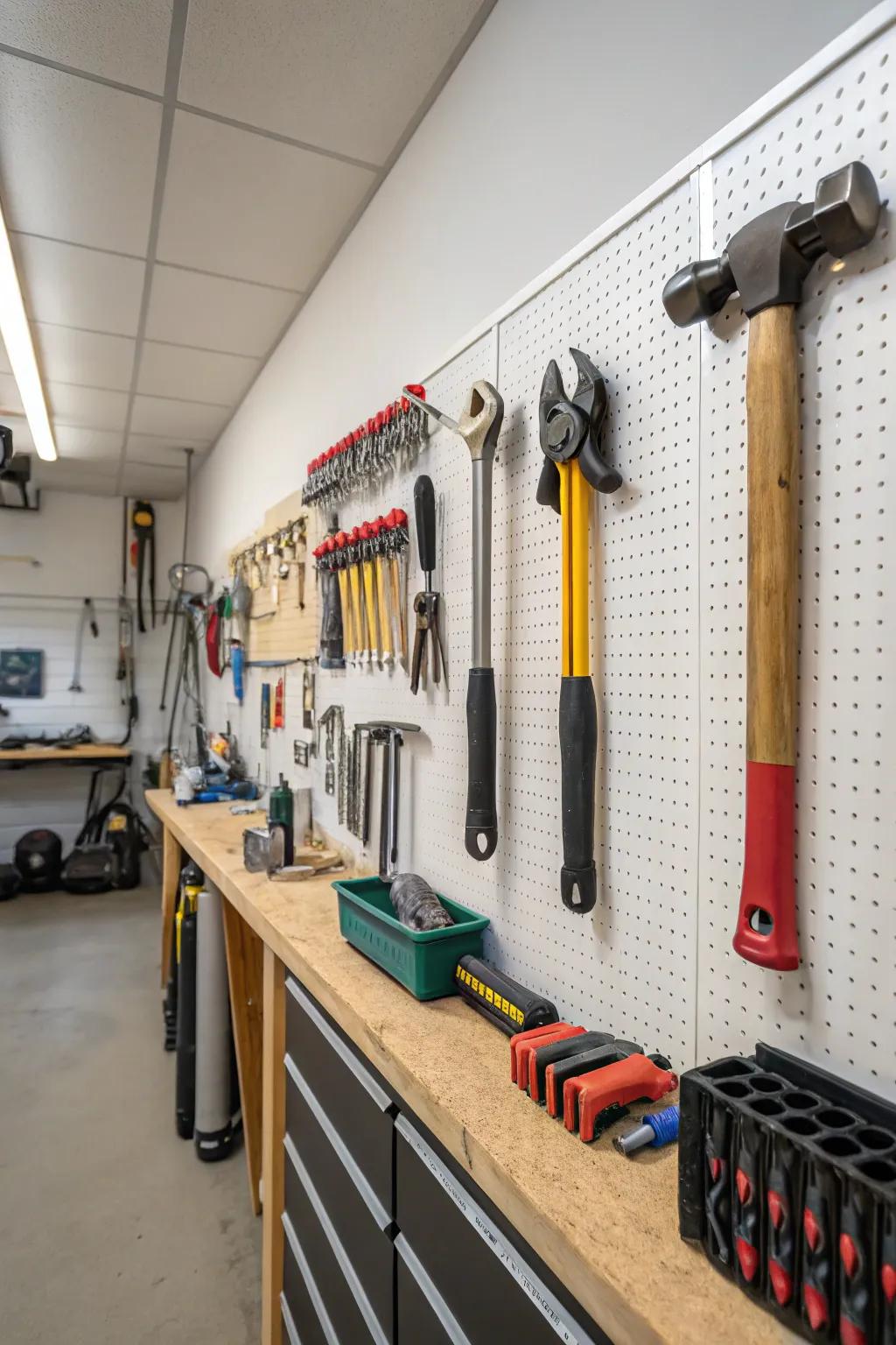 Wall-mounted organizers free up floor space and maintain equipment accessible.