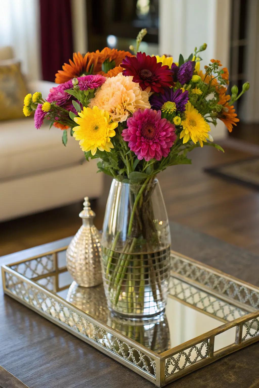 Reflector surfaces amplifying the impact of a floral display.