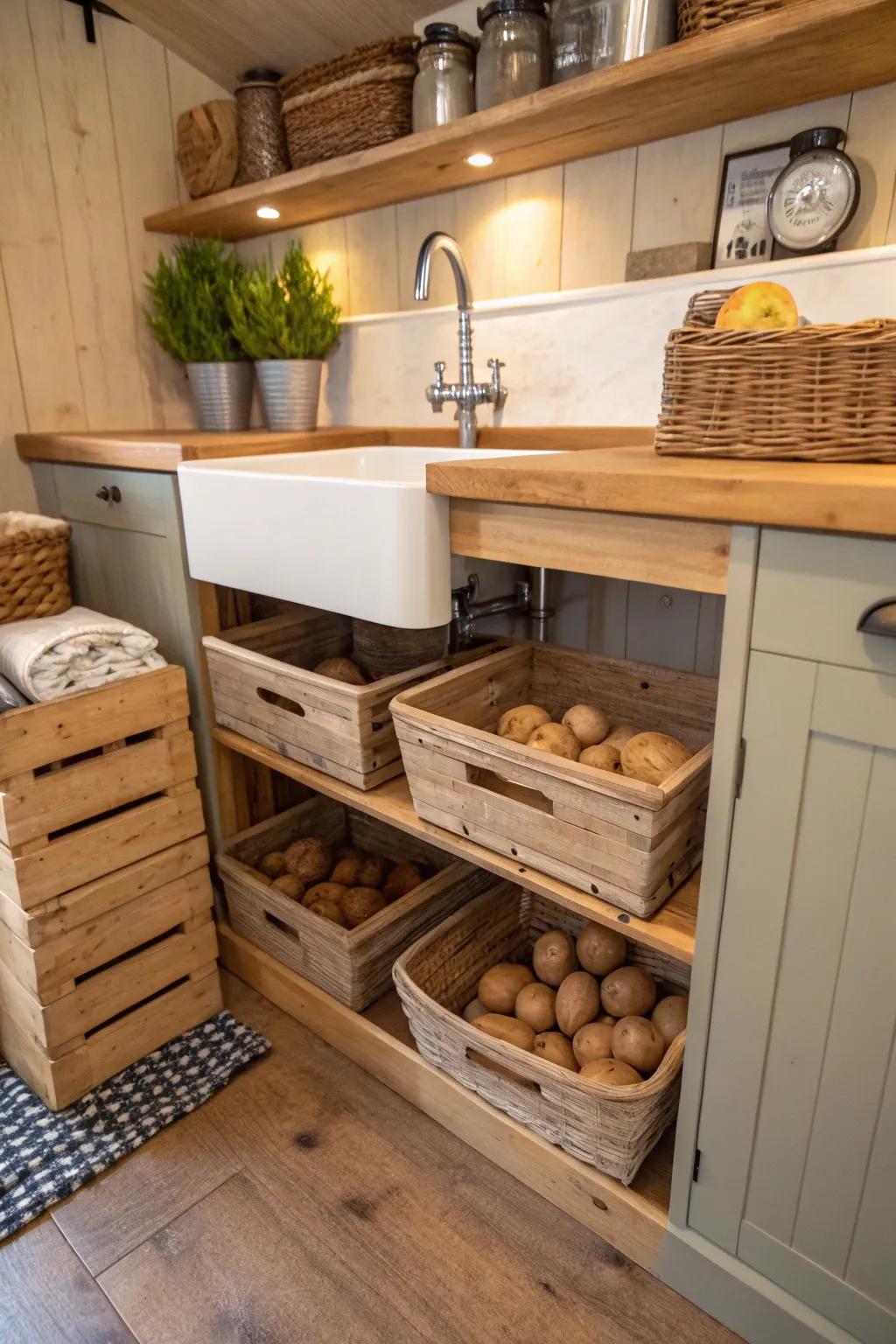 Below-sink cabinet creatively tailored for potato storage.