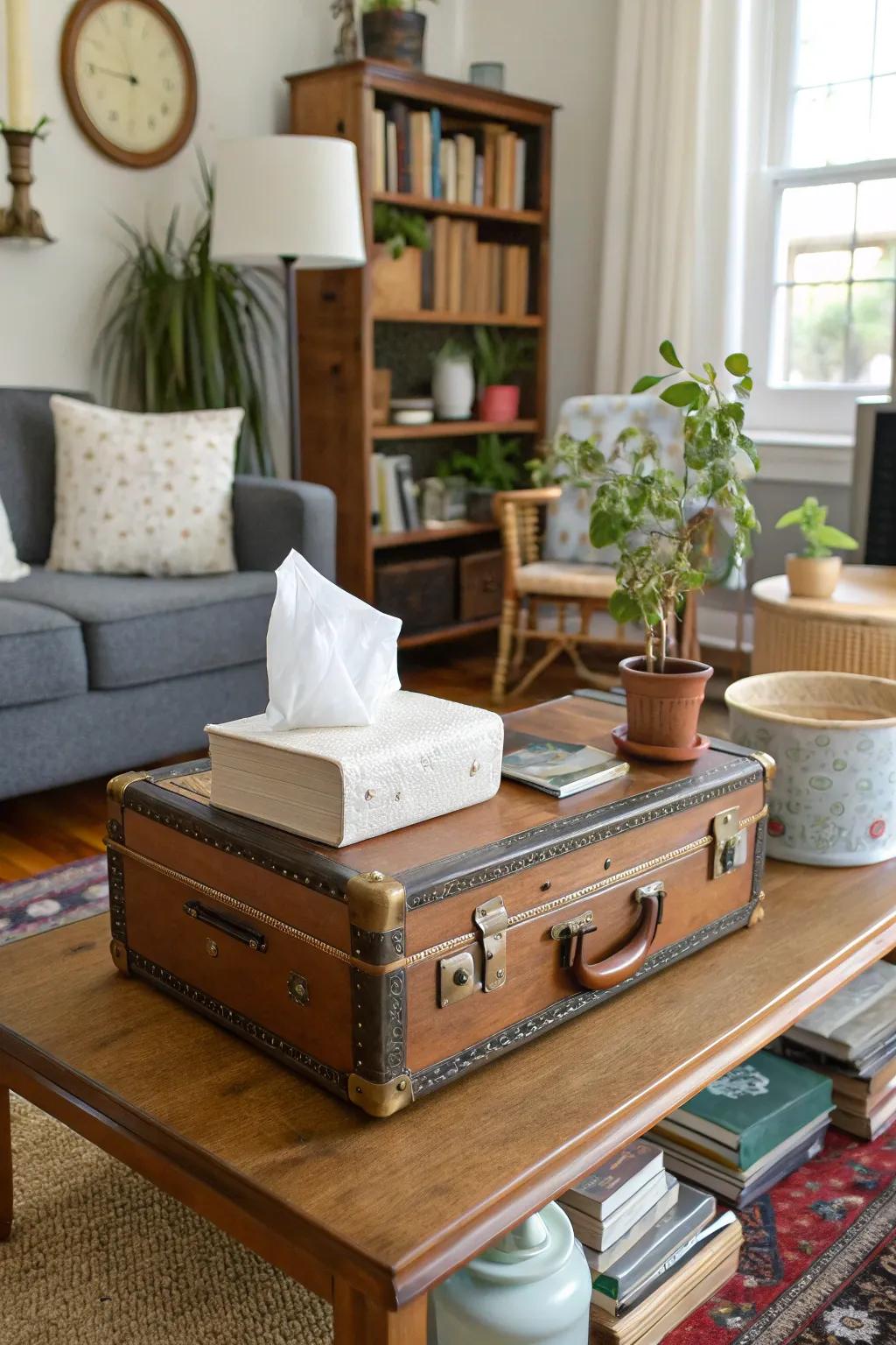 A period luggage piece adds charm to tissue paper storage.