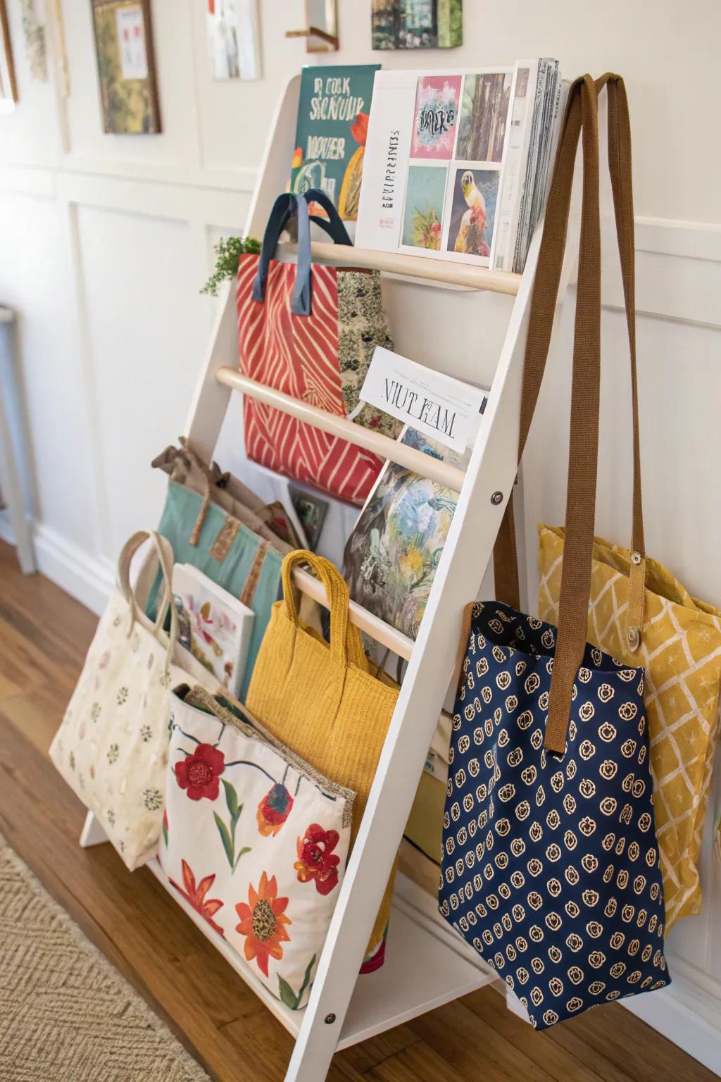 A paper rack offers unforeseen utility for tote storage.