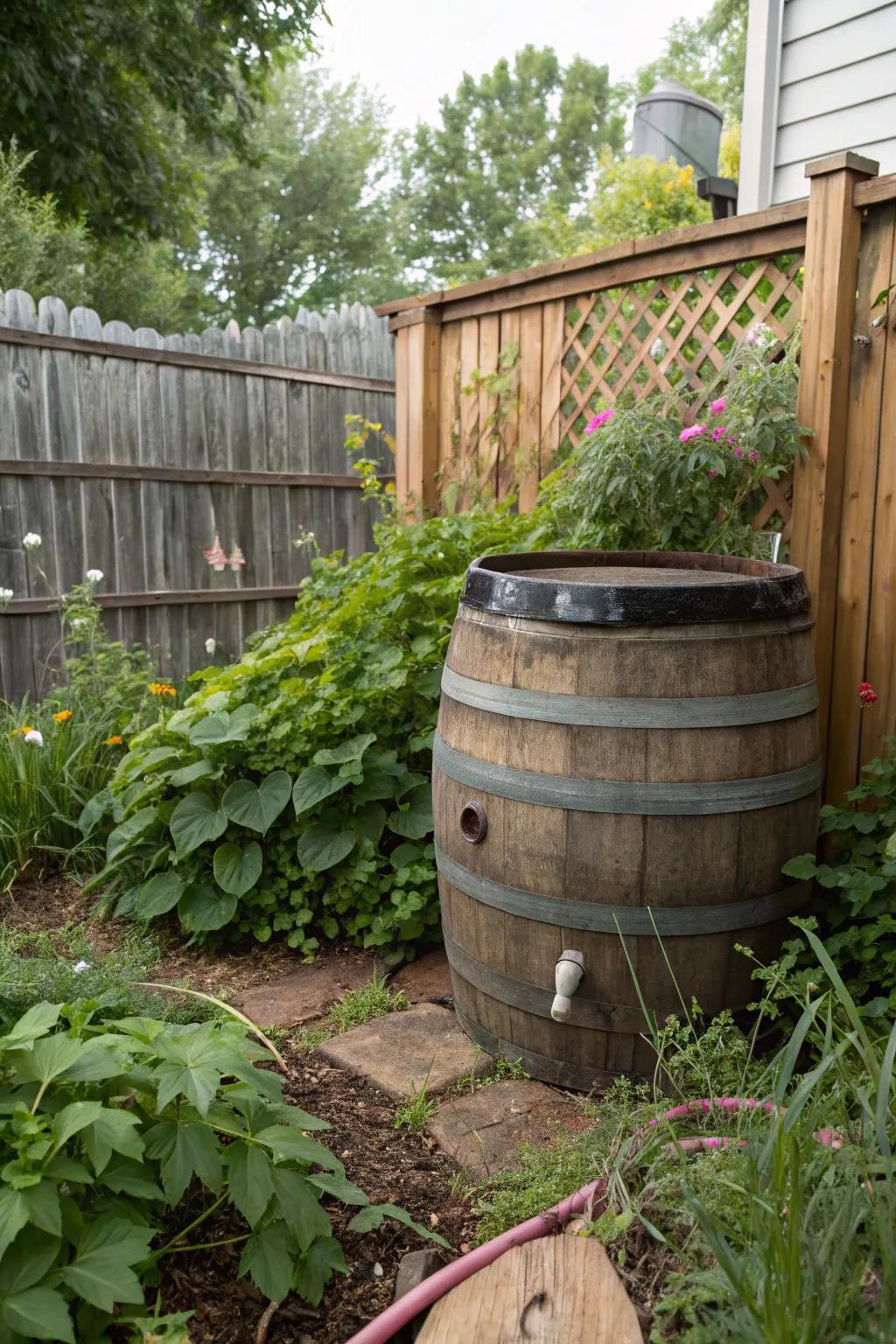 A rustic wine barrel is transformed into an eye-catching compost bin in the garden.