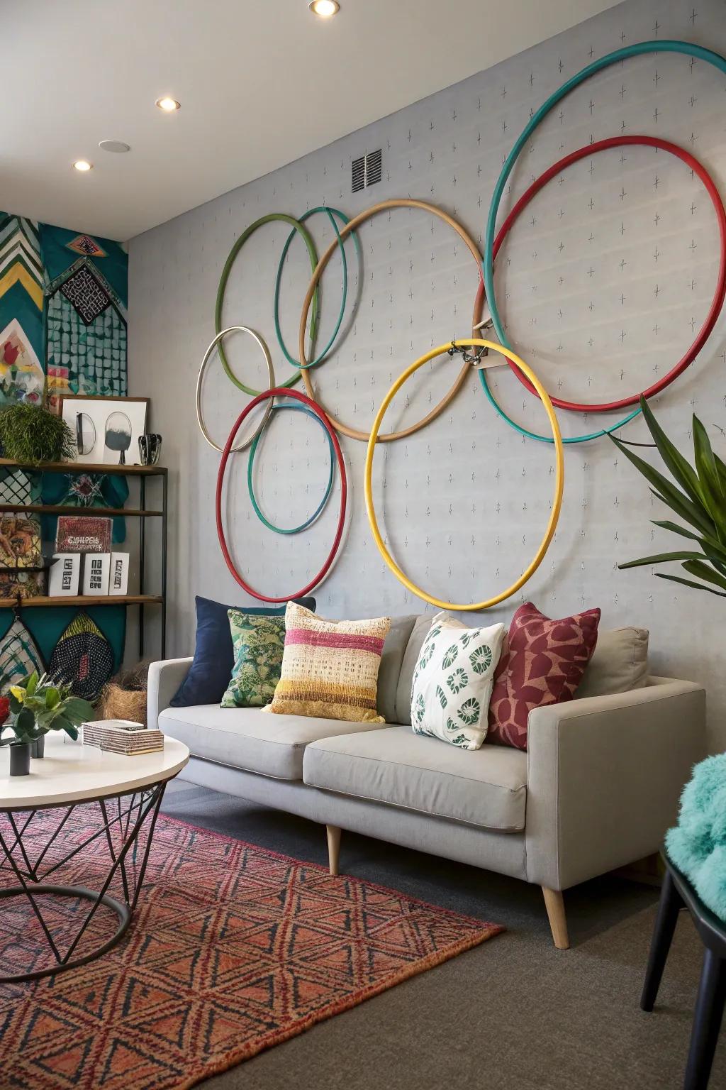 Playful rings artistically positioned on a wall, doubling as both decoration and storage.