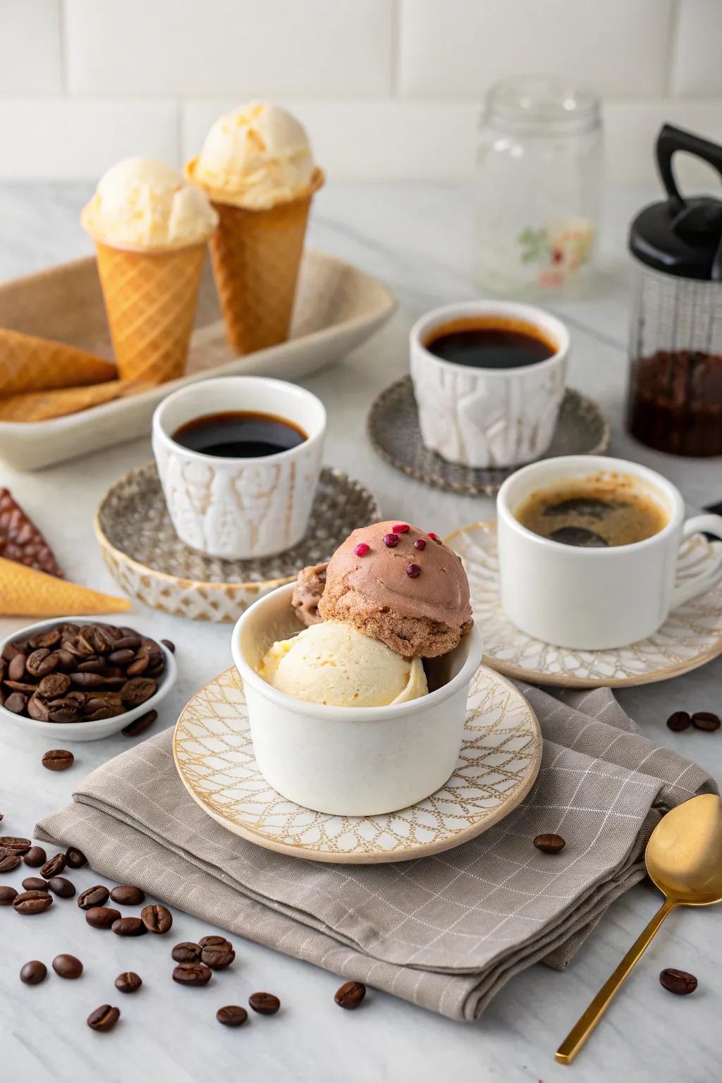 An ice cream and coffee pairing table that presents a sophisticated flavor experience.