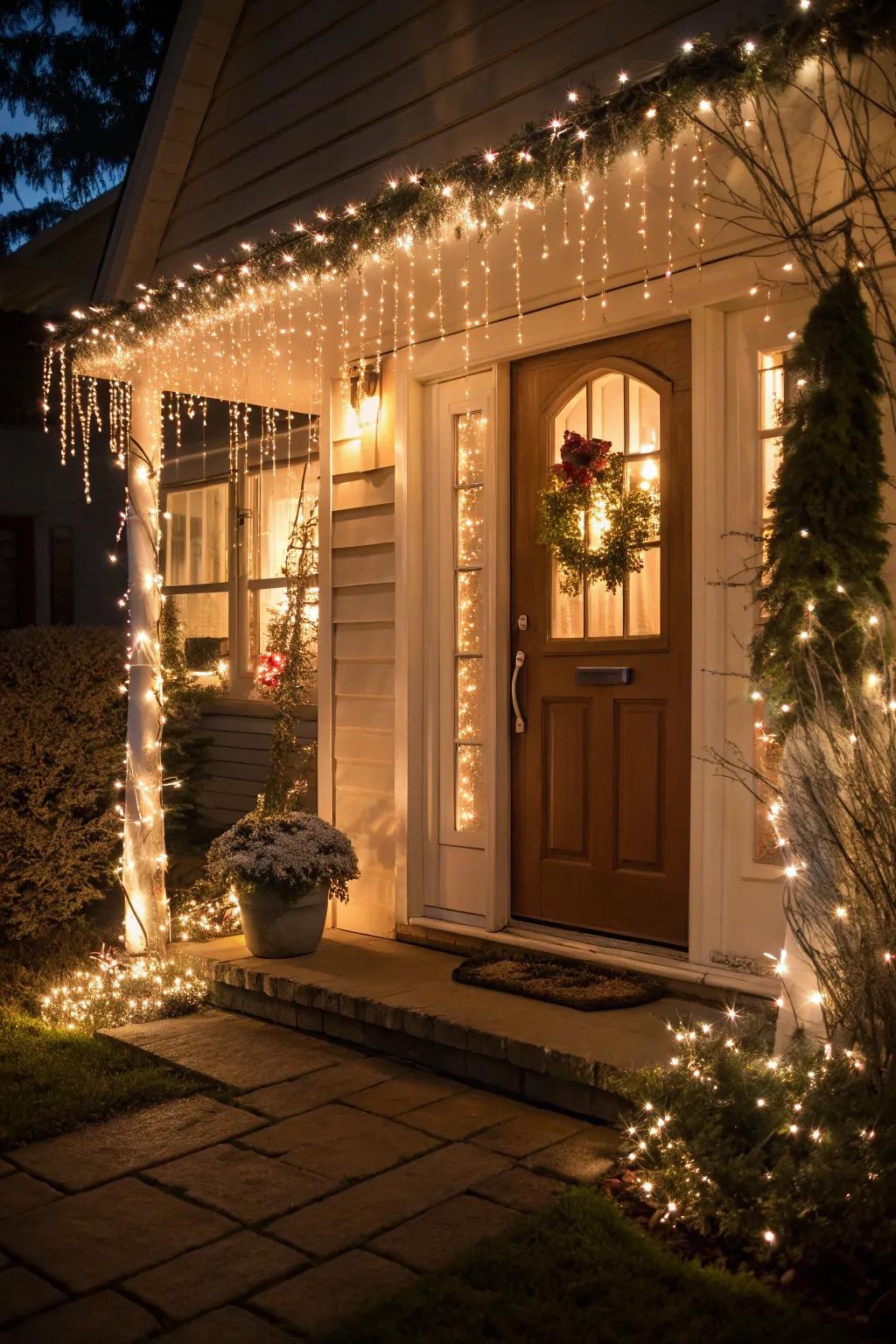 A front portal framed with dazzle lights, beckoning you in with celebratory warmth.