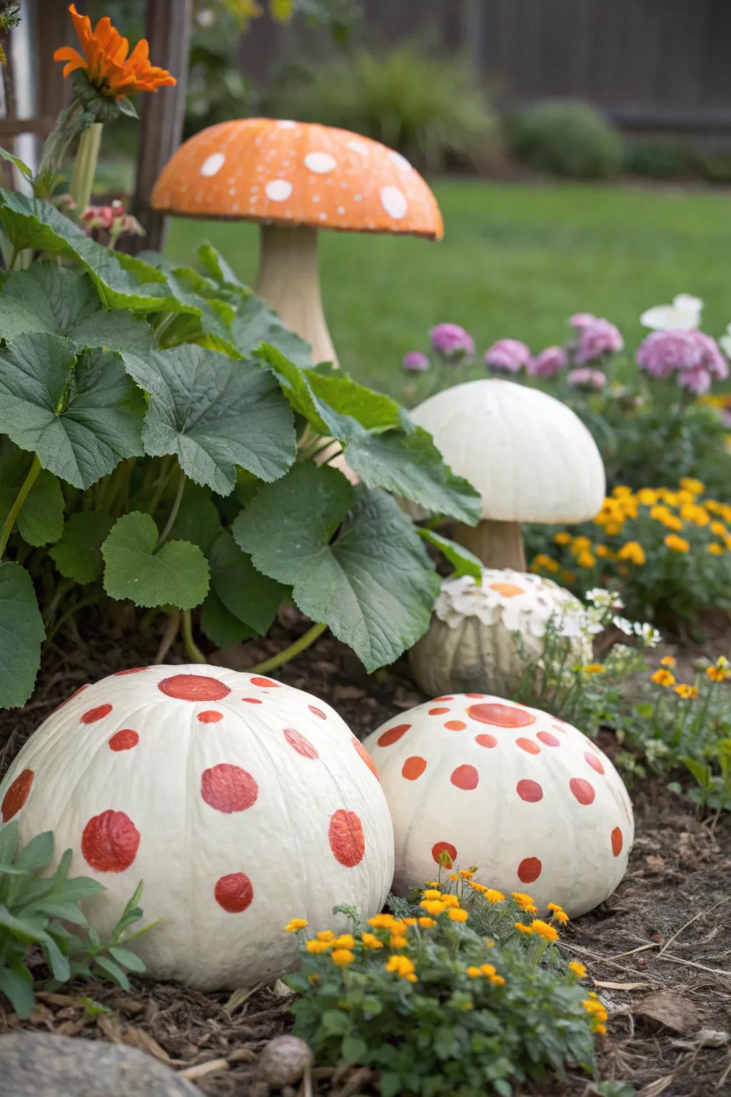 Fanciful fungus pumpkins infusing a trace of enchantment to the ornamentation.