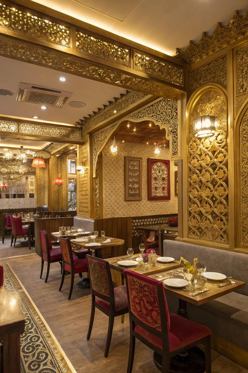 Gold highlights adding opulence to an Indian restaurant.