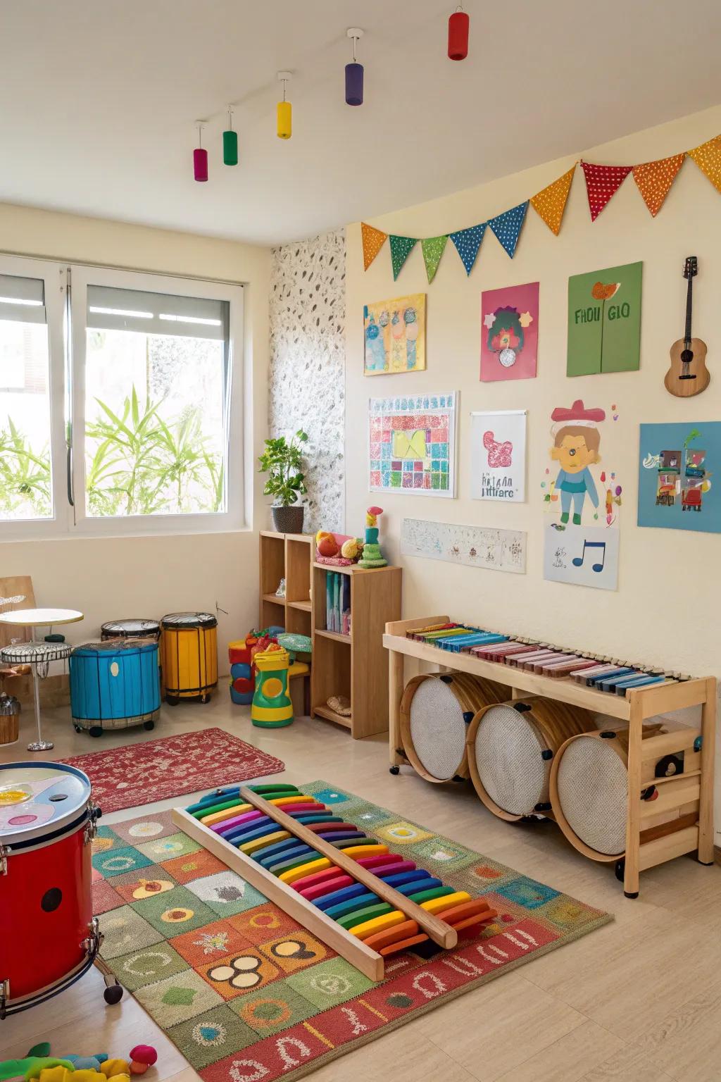 A musical area invites children to discover sound and rhythm.
