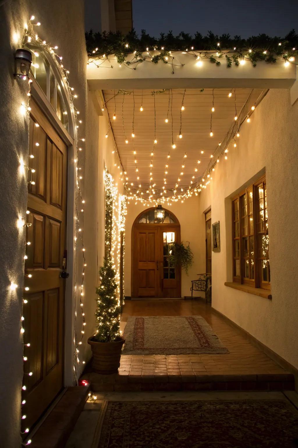 Change your entryway into a welcoming space using fairy lights.