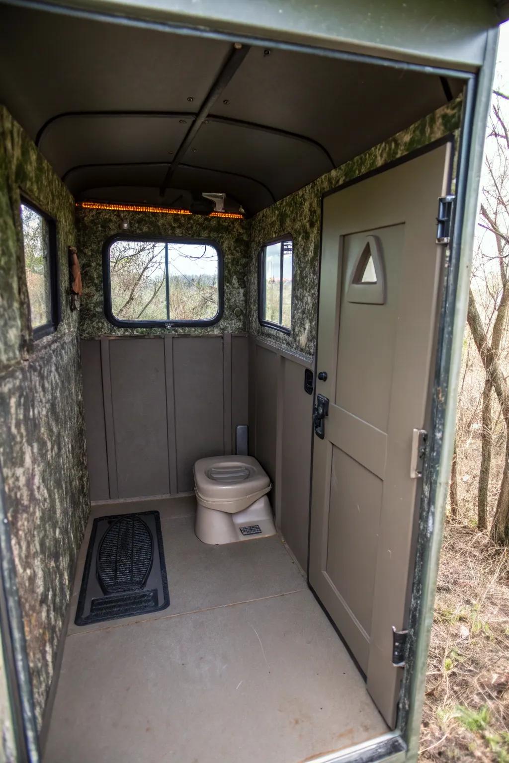 Compact restroom solutions add convenience for extended stays.