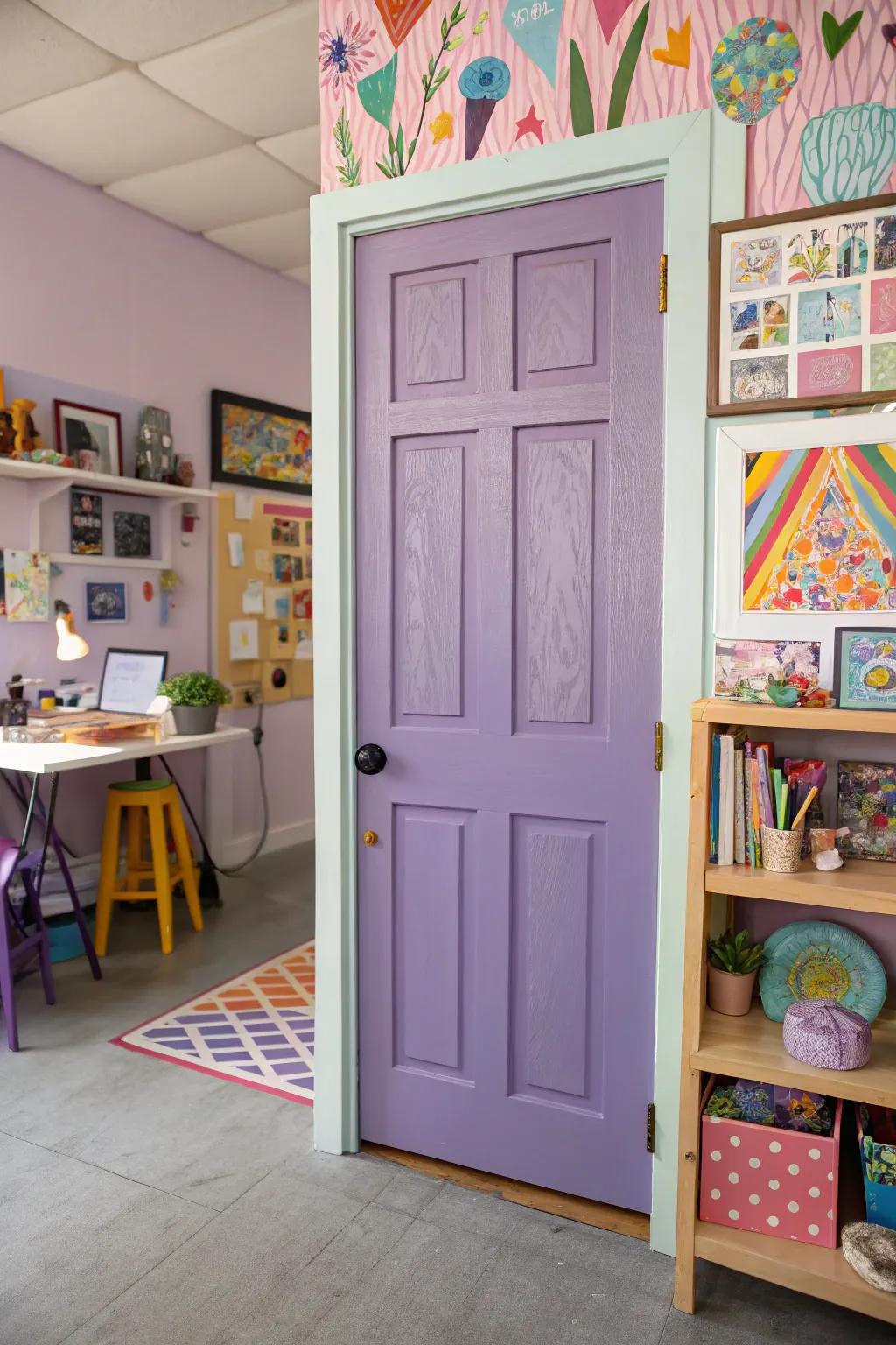Lilac doors adding a whimsical, soothing element.