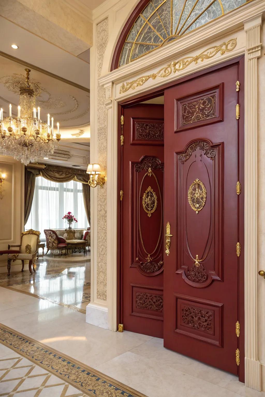 A rouge merlot door adding luxury and depth to the entryway.