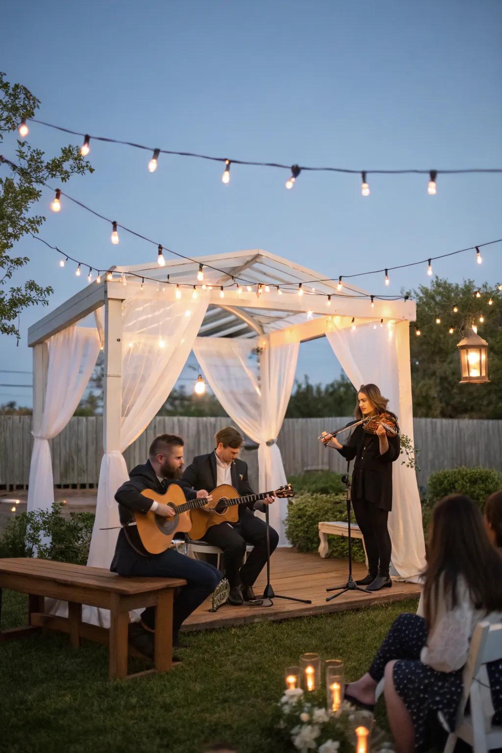 An acoustic music band adds a personal touch to the wedding ceremony.