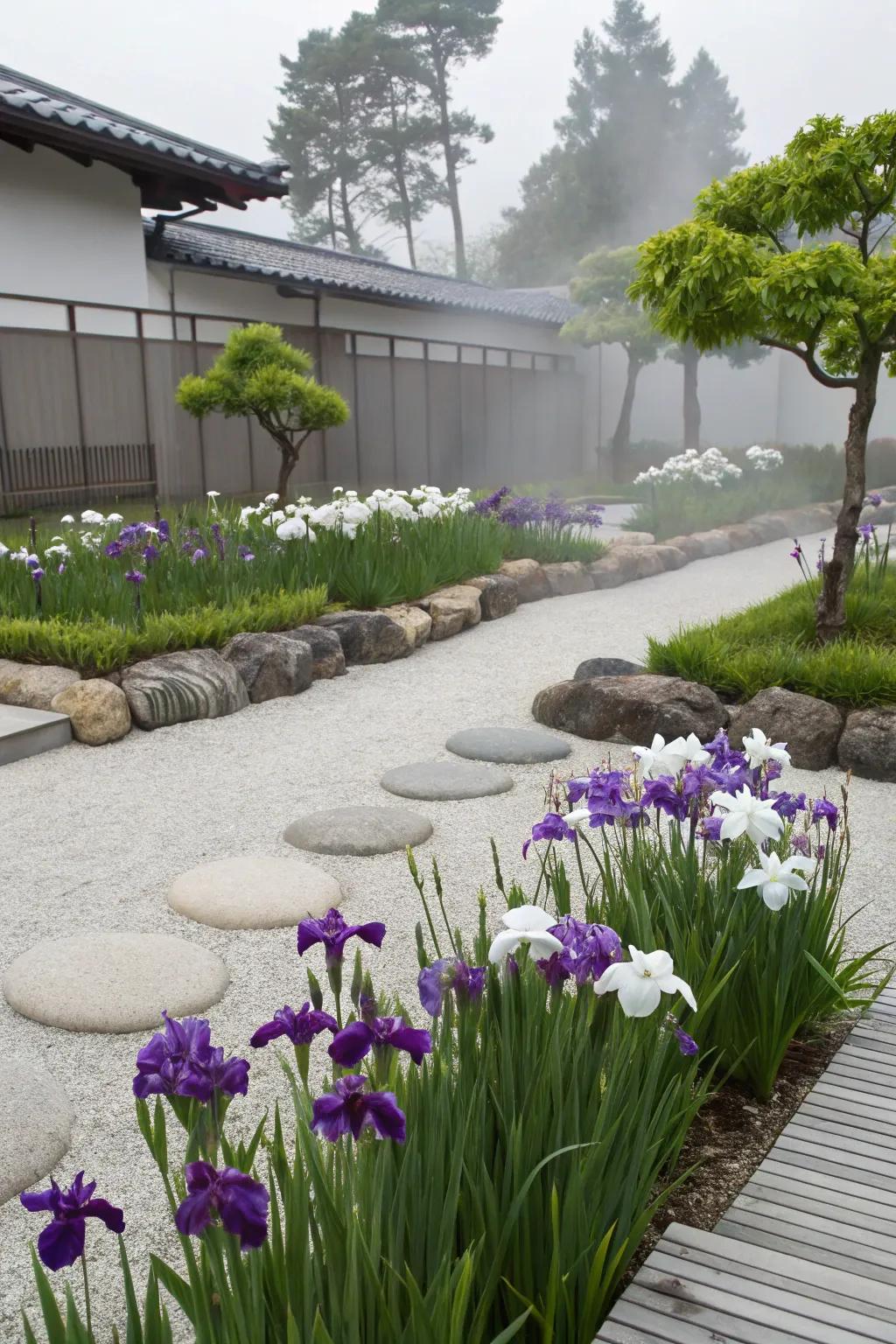 A serene Zen garden showcasing irises for contemplation and peace.