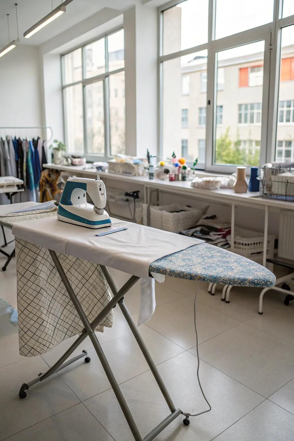 A pop-up ironing center features in a professional sewing studio.