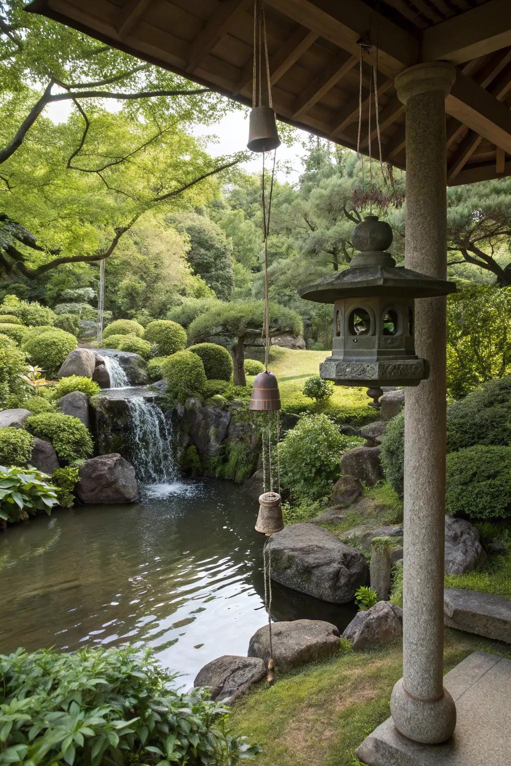 A small cascade and wind chimes in a Japanese garden.
