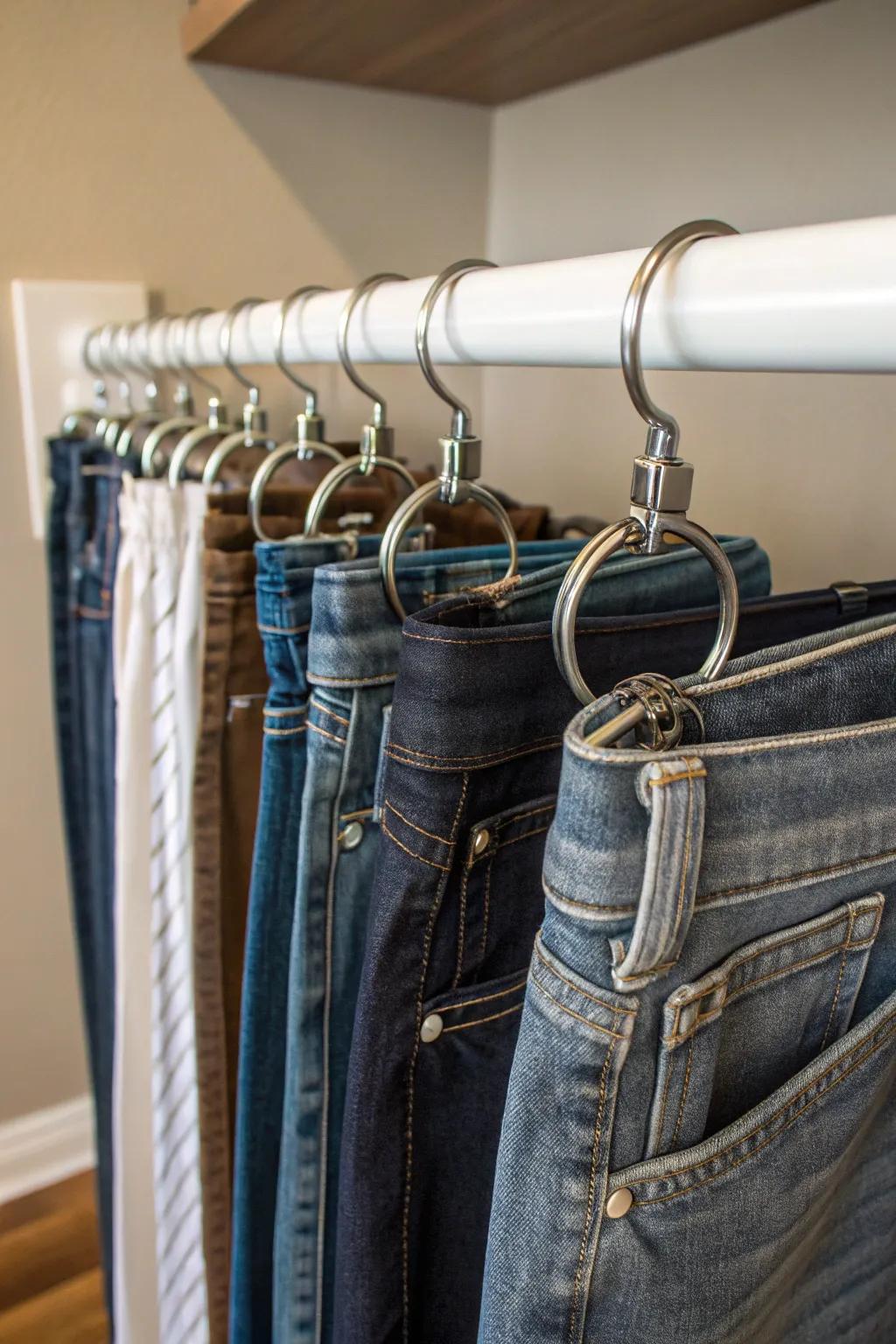 Curtain hoops offer a distinctive approach to hang jeans in your closet.