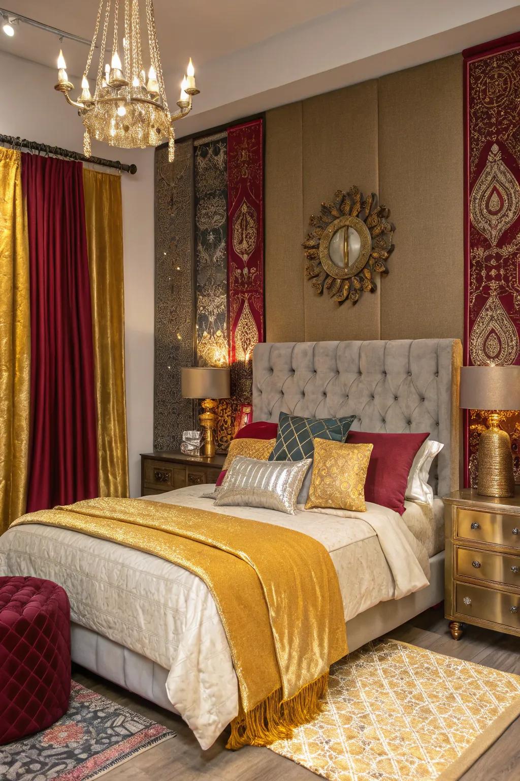 Surprise metallic accents introduce a sparkling aspect to the jewel-toned scheme.