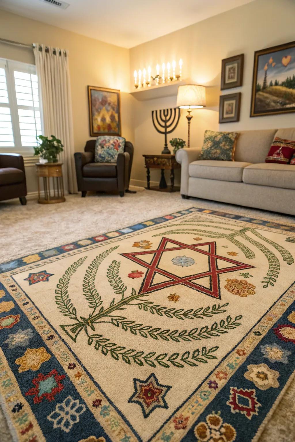 A Jewish-motif rug transforming the aesthetic of a living space.