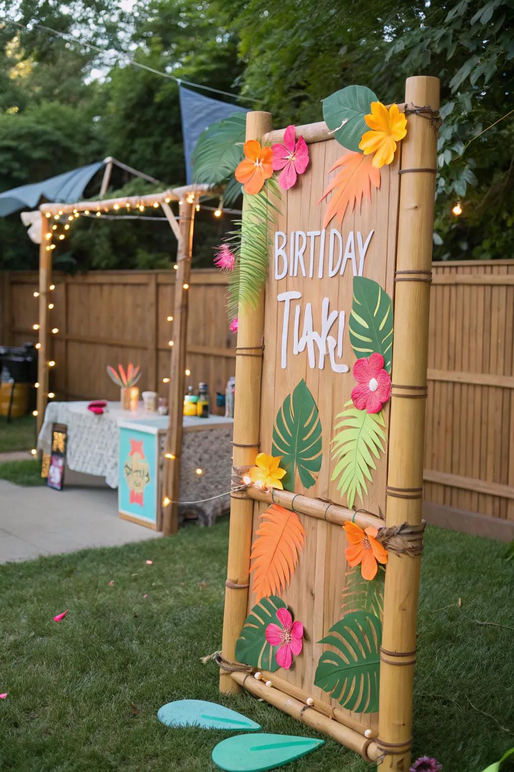 A tiki bar-themed birthday board, offering a blissful tropical escape.