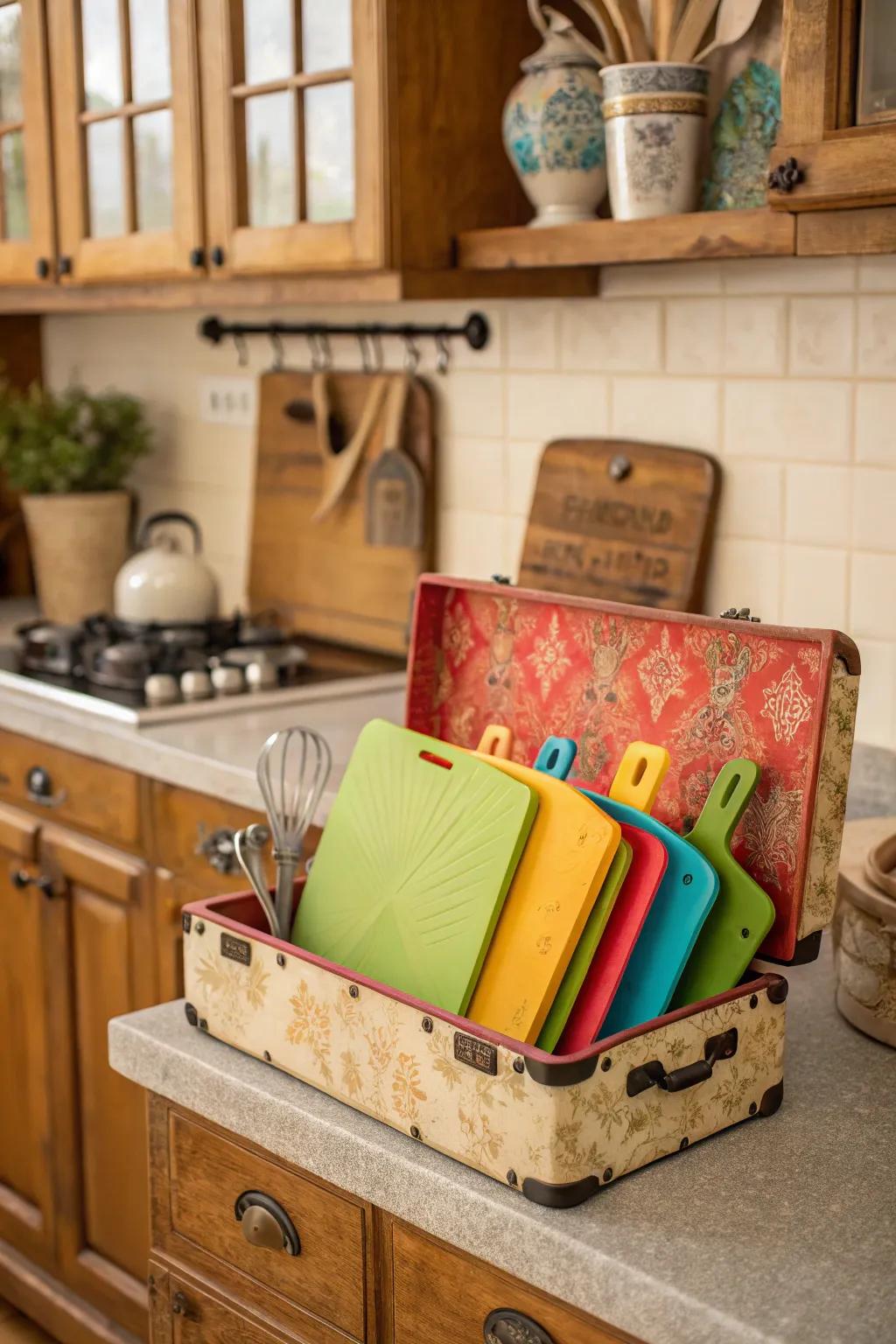 A carryall offers a playful storage solution for chopping surfaces.