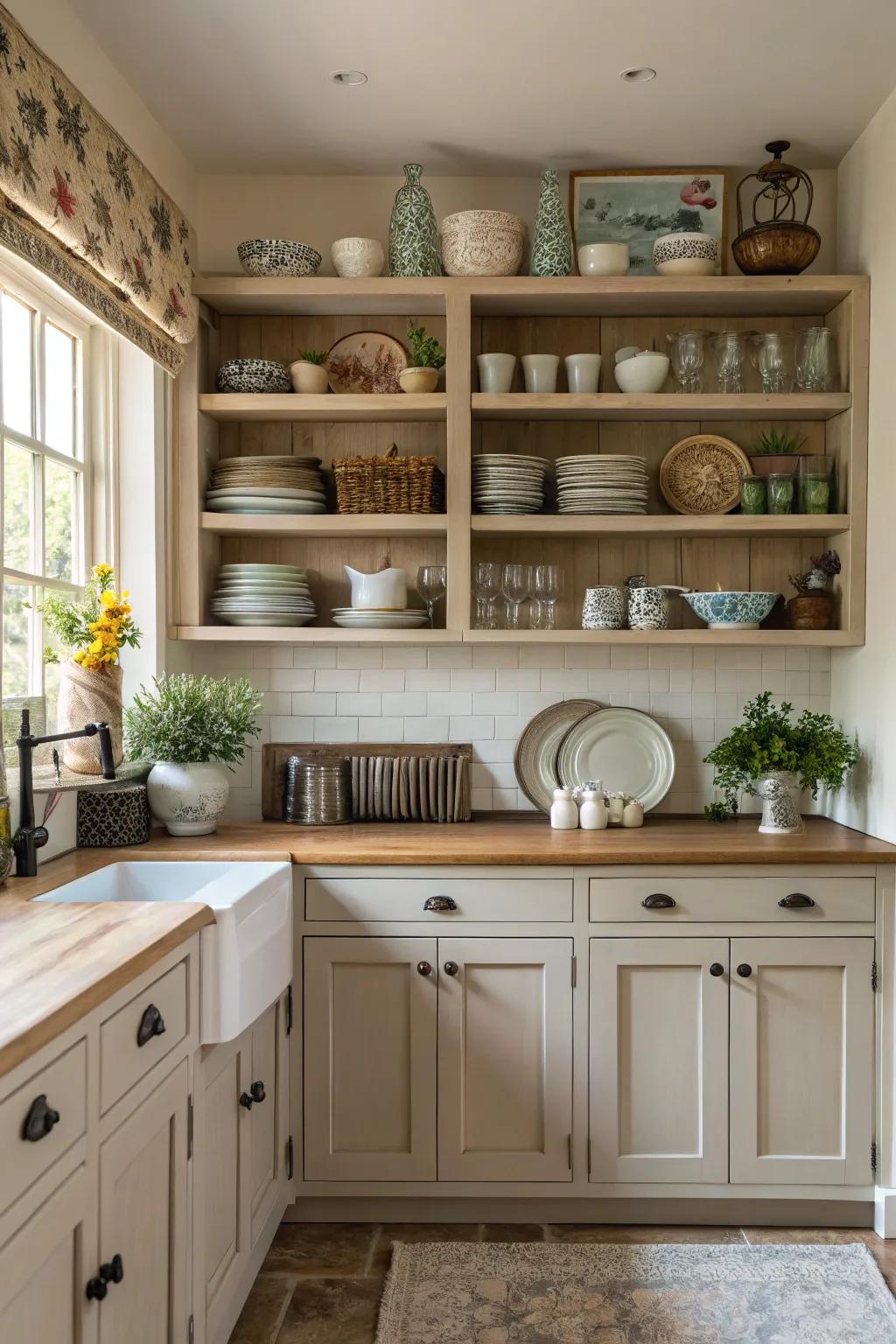 Exposed shelving introduces a modern and airy accent to kitchen design.