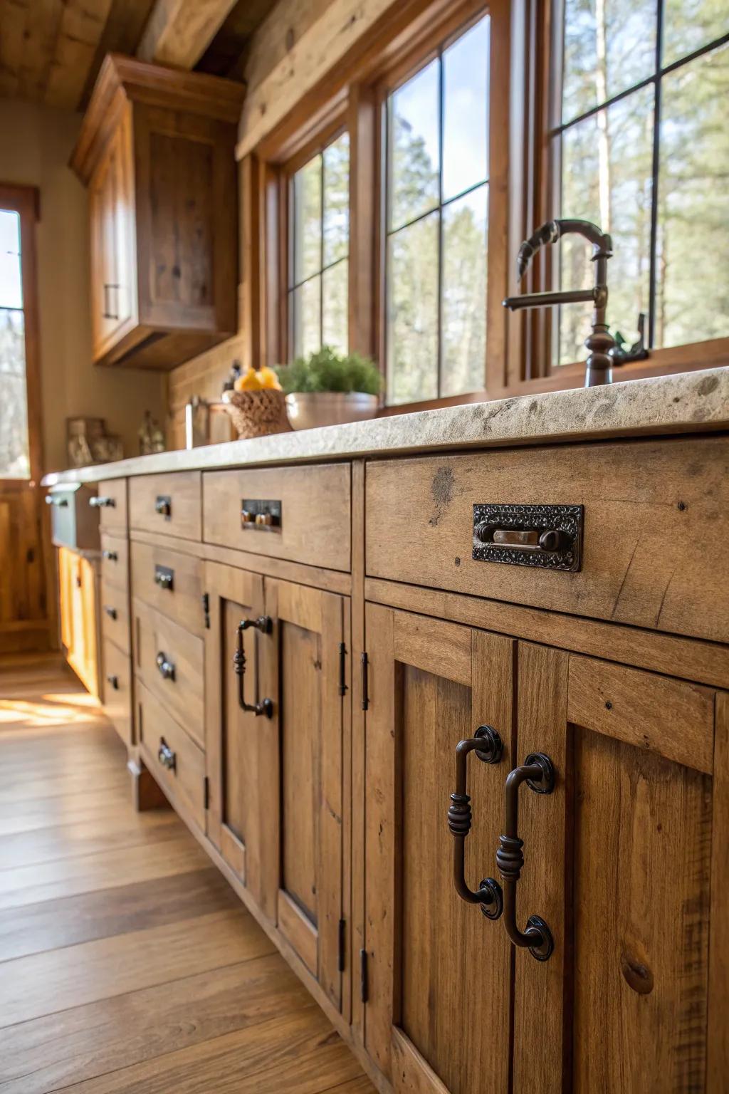 Country-style hardware brings a hint of appeal and history to the kitchen.