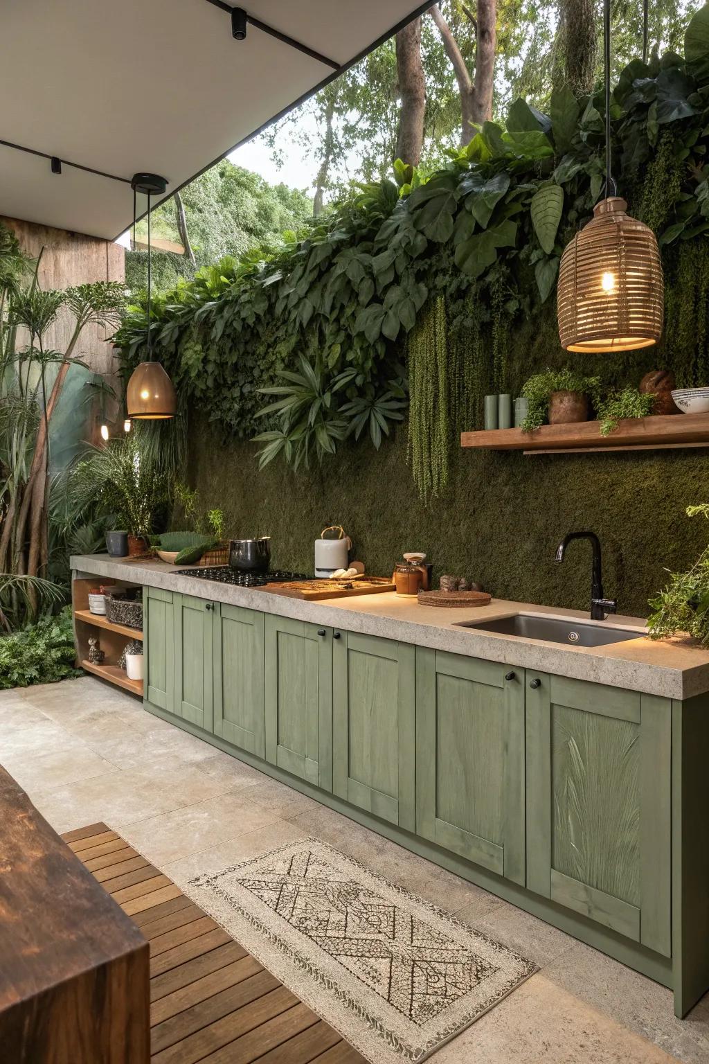 Green backsplash brings nature to the space.