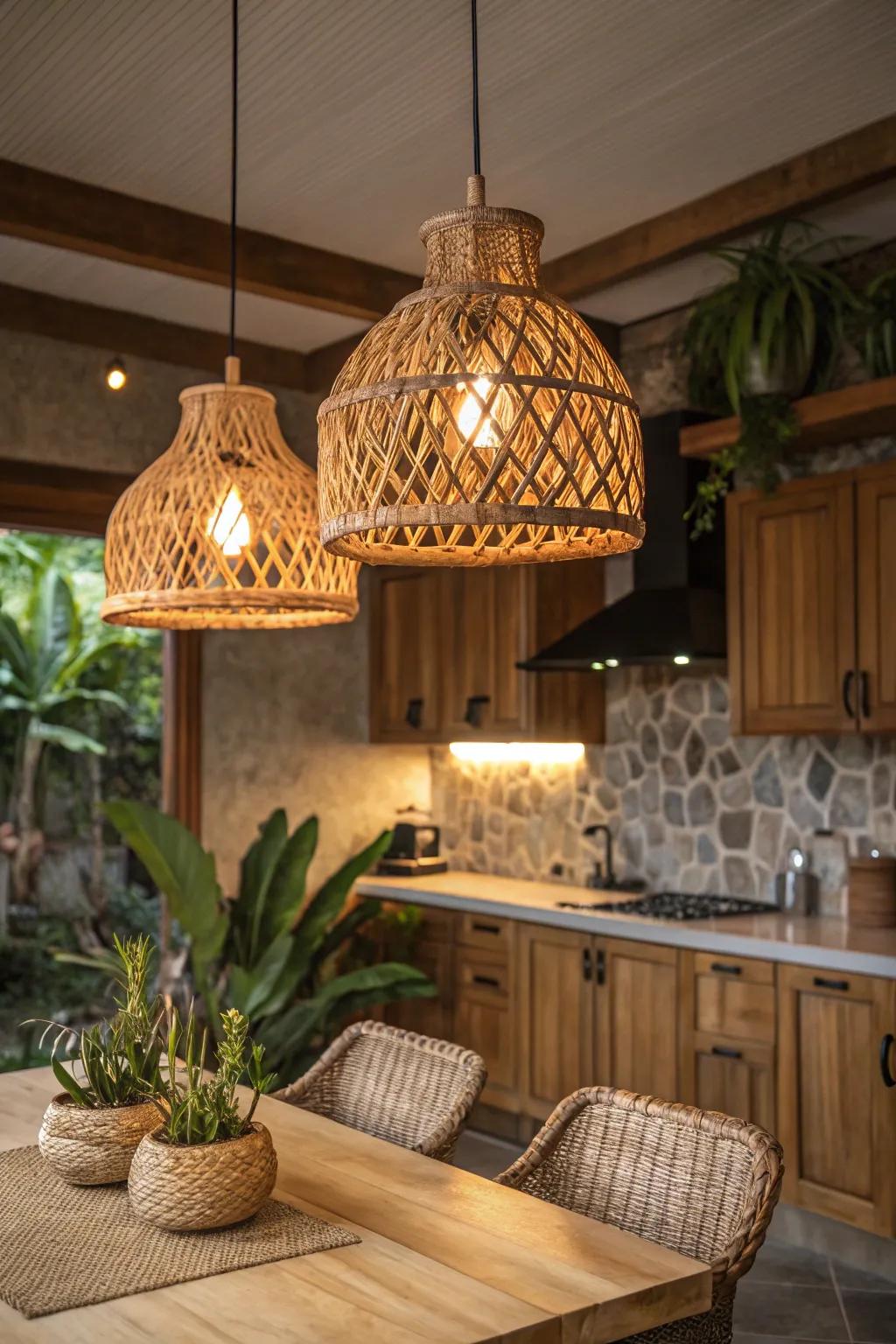Natural materials in light fixtures create a cozy and welcoming kitchen atmosphere.