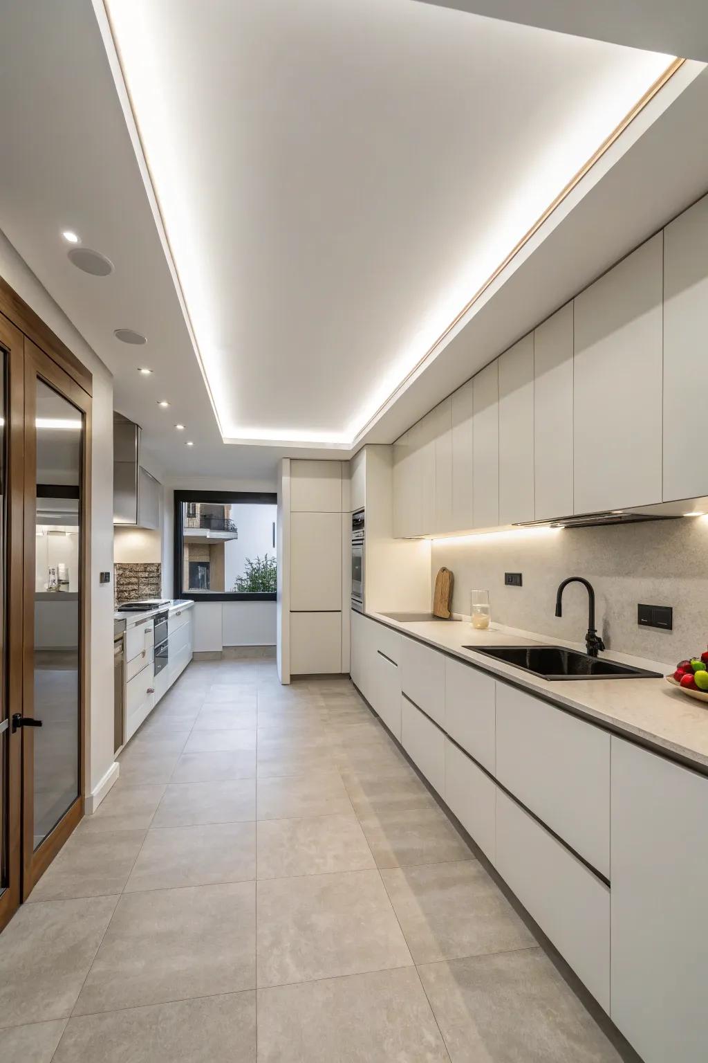 A minimalist soffit that blends into the ceiling gives the kitchen a tidy and modern appearance.