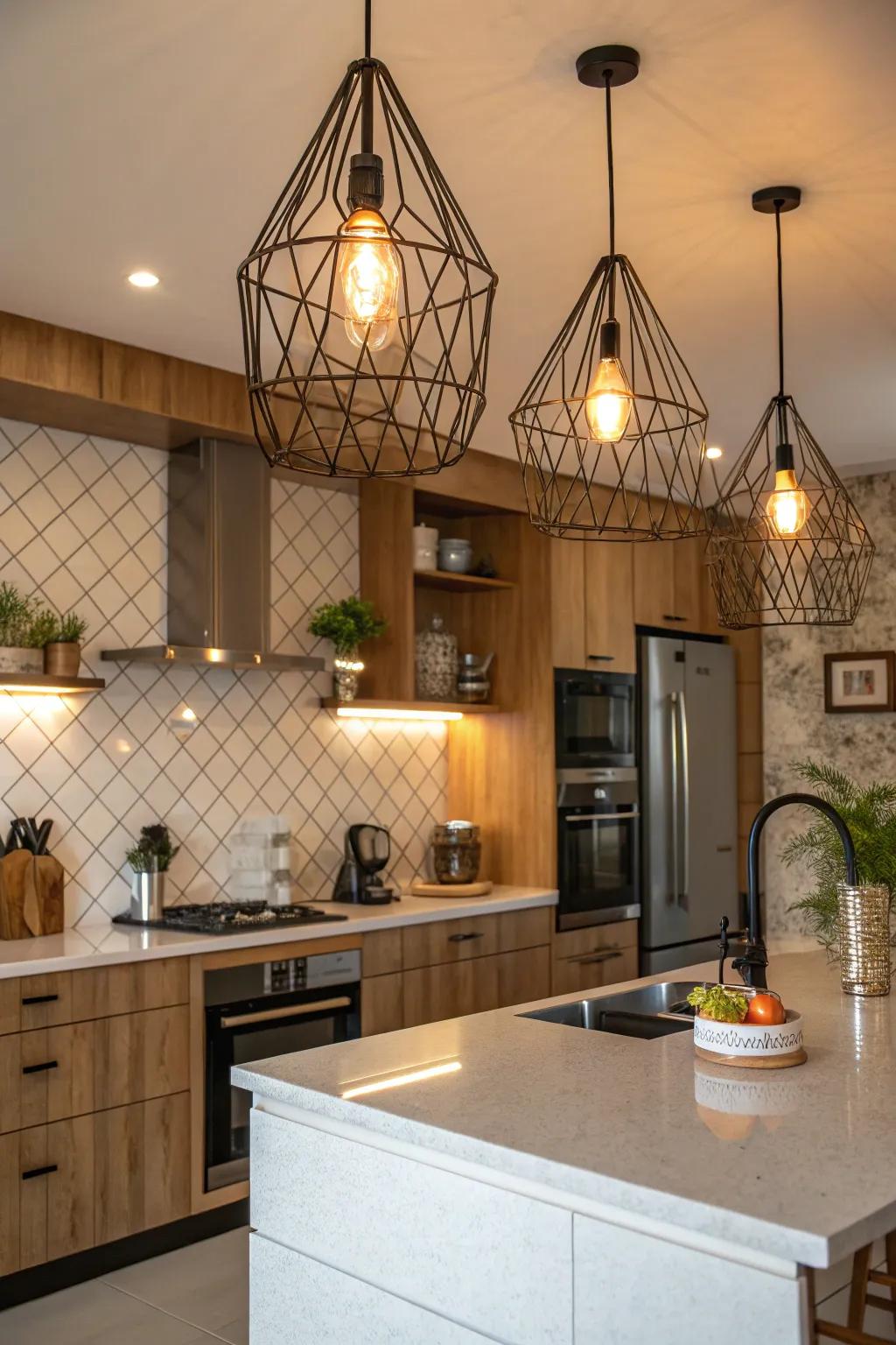 A kitchen showcased with striking wall lamps, blending both drama and function.