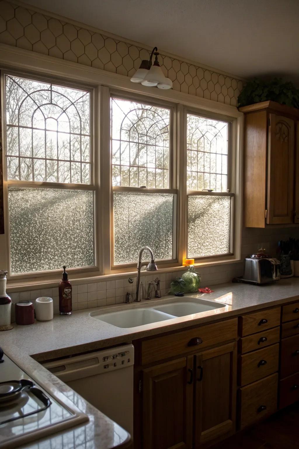 A kitchen with patterned glass windows offering privacy and light.