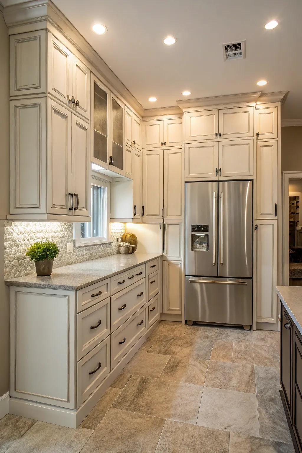 A kitchen showcasing symmetrical equilibrium through the interplay of a refrigerator and flanking cabinetry.