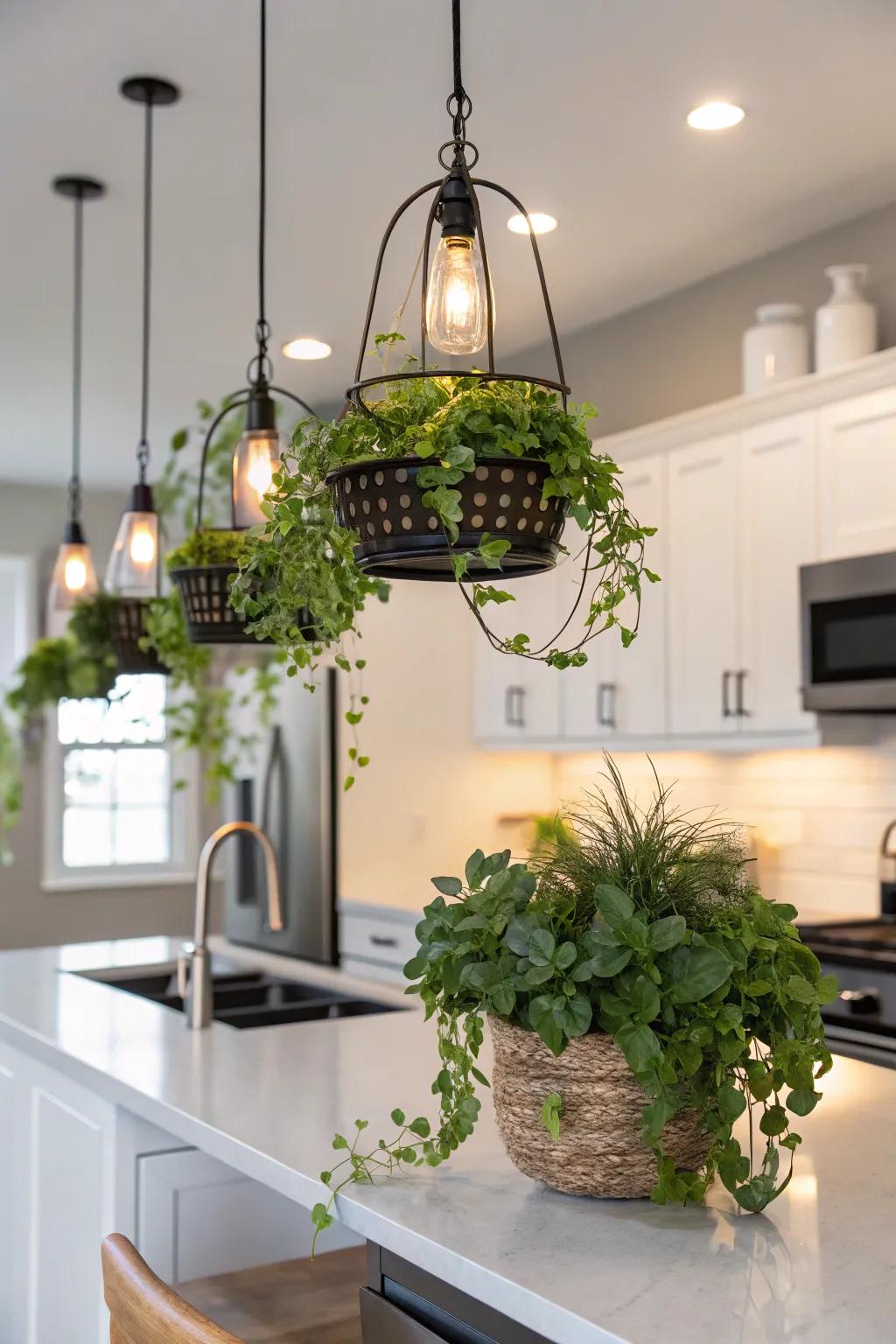 Innovate with suspended greenery fixtures as a lighting option.