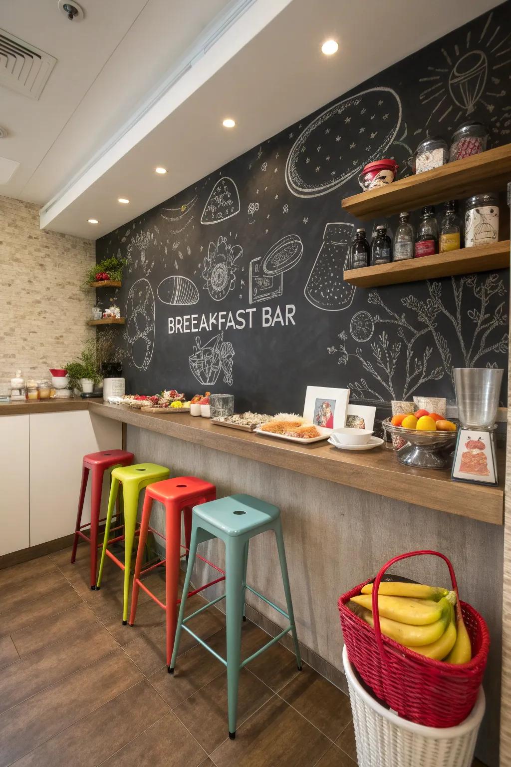 A breakfast bar showcasing a playful and functional slate wall.